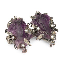 Vintage Hand Carved Portrait Amethyst and Seed Pearl Brooch Pin