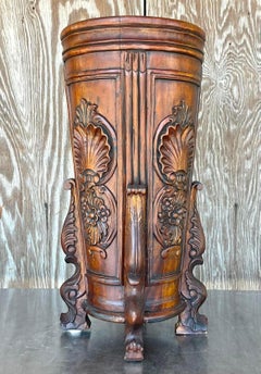 Vintage Hand Carved Raised Relief Wood Cane Umbrella Stand
