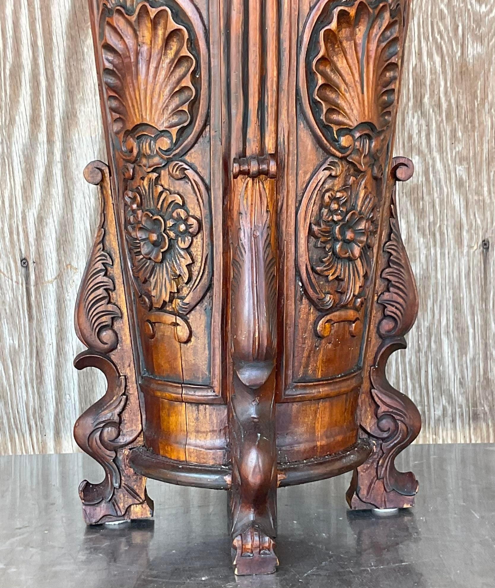 Regency Vintage Hand Carved Raised Relief Wood Cane Umbrella Stand