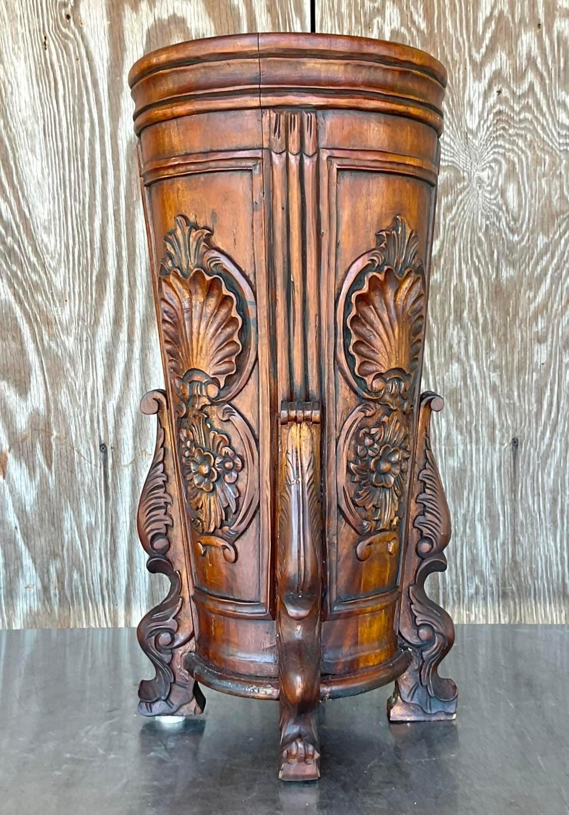 Vintage Hand Carved Raised Relief Wood Cane Umbrella Stand In Good Condition In west palm beach, FL