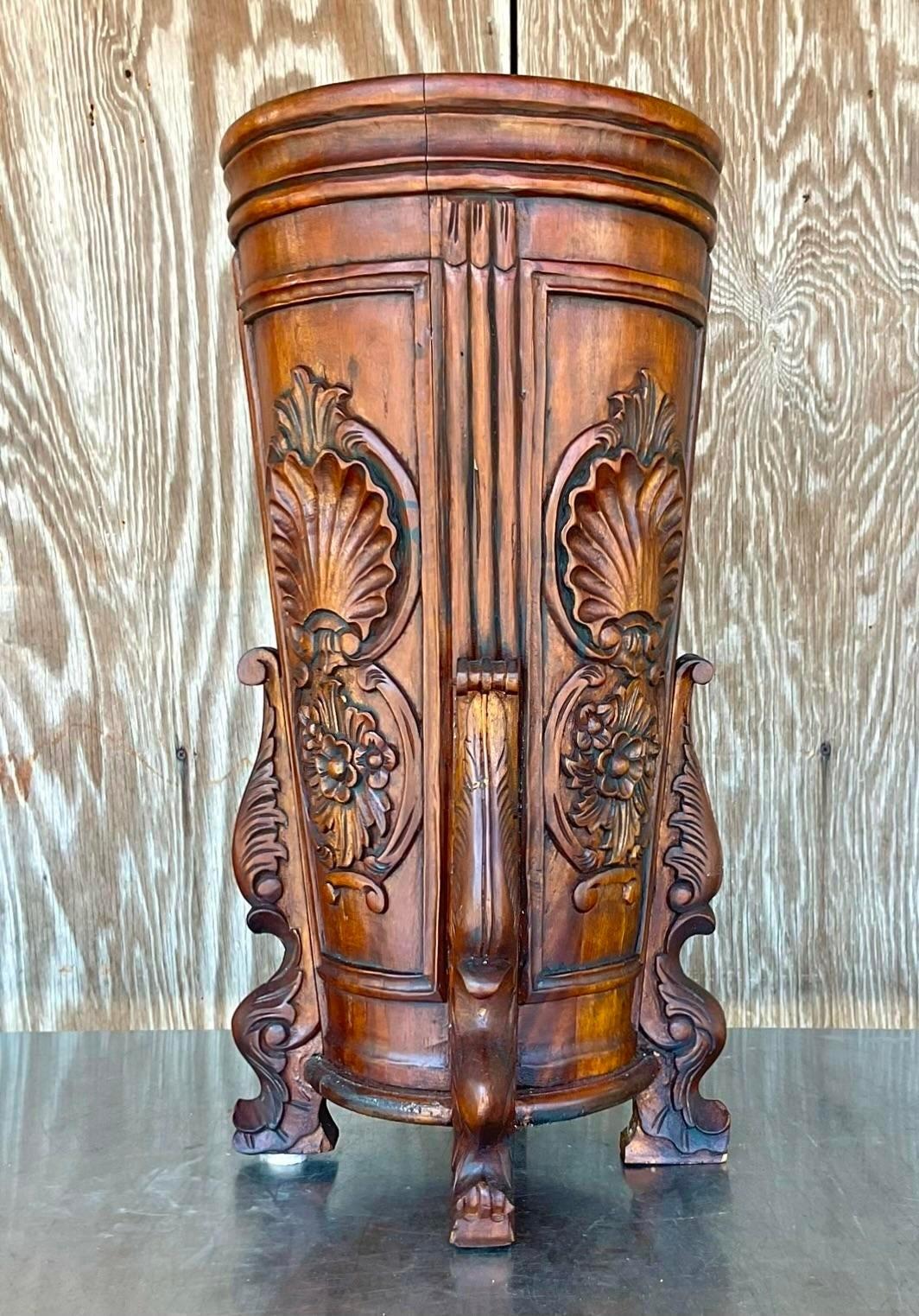 20th Century Vintage Hand Carved Raised Relief Wood Cane Umbrella Stand