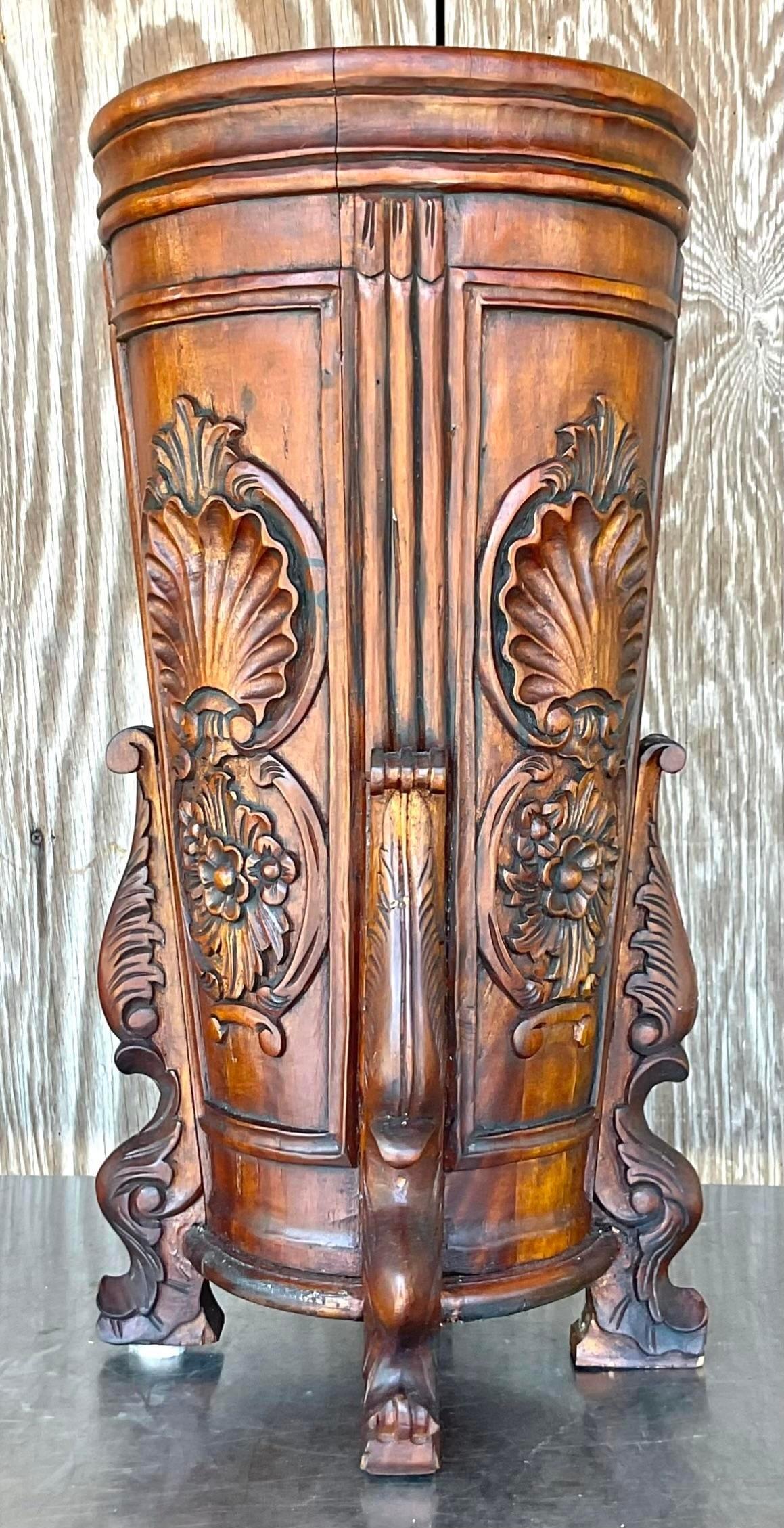 Vintage Hand Carved Raised Relief Wood Cane Umbrella Stand 1