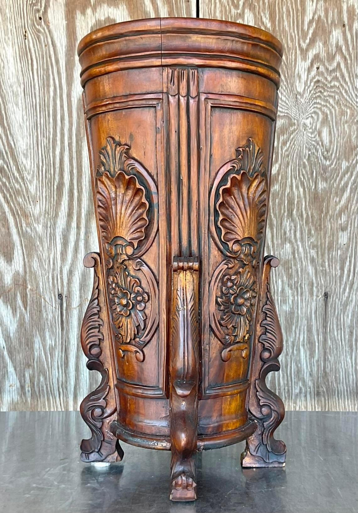 Vintage Hand Carved Raised Relief Wood Cane Umbrella Stand For Sale at
