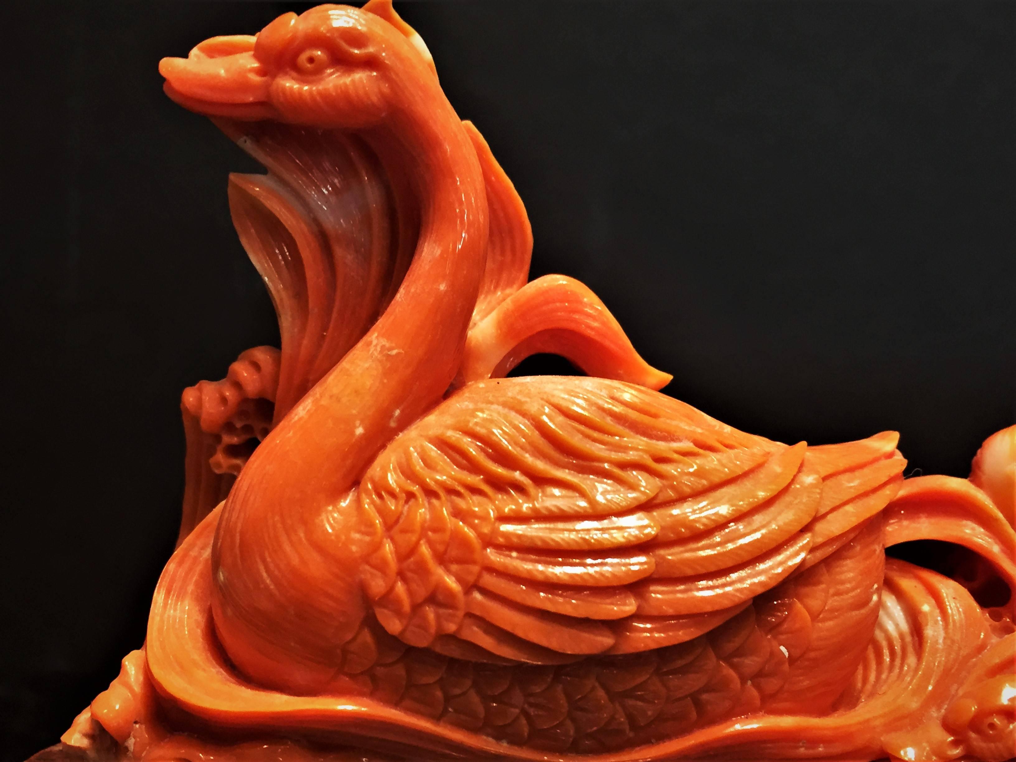Chinese Export Vintage Hand-Carved Red Coral Sculpture of Swans, China, 20th Century