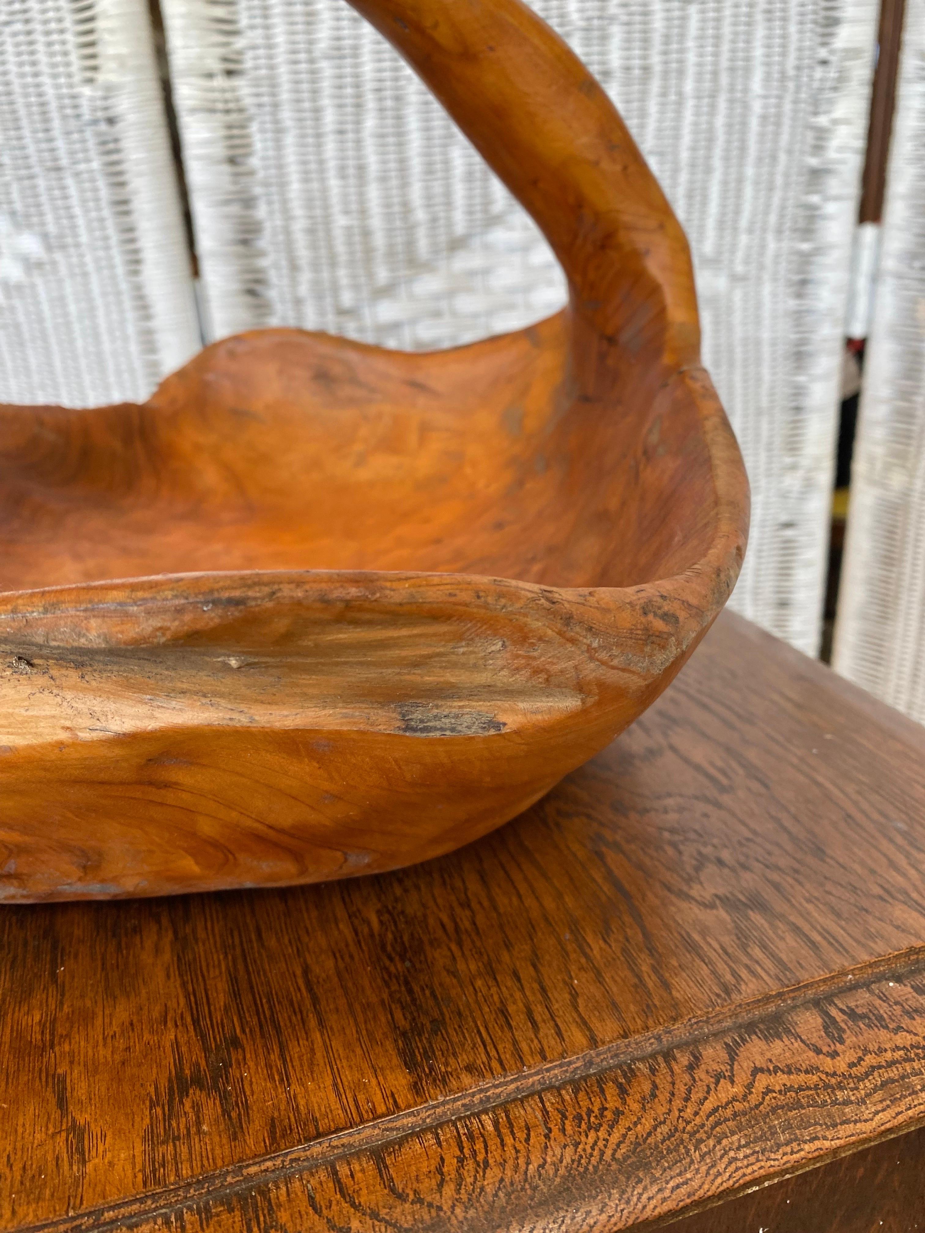 American Vintage Hand Carved Redwood Burl Wood Bowl with Handle