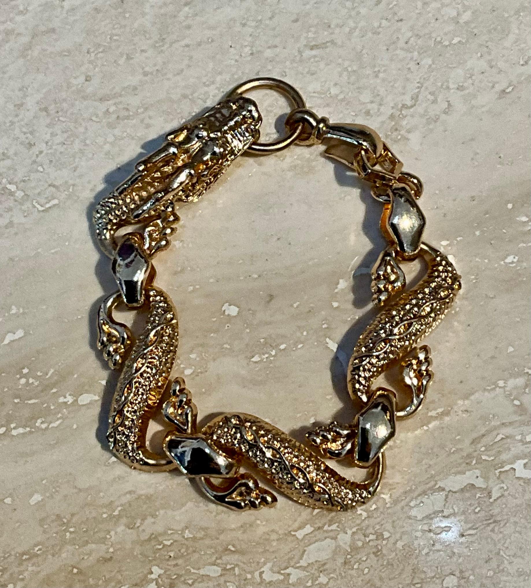 Women's or Men's Vintage Hand-Carved Rose Gold Toned Dragon Bracelet For Sale