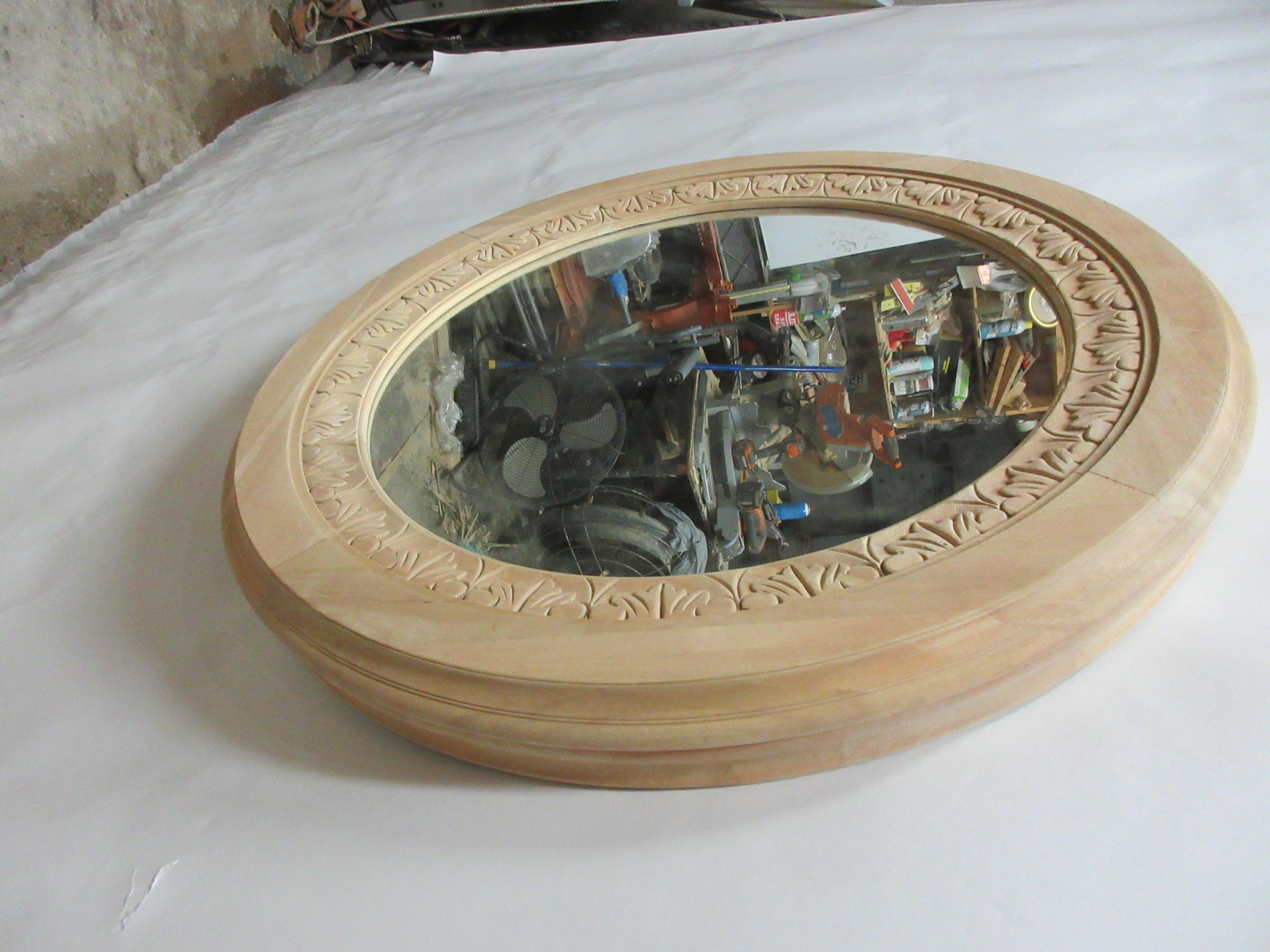 Wood Vintage Hand Carved Round Mirror For Sale