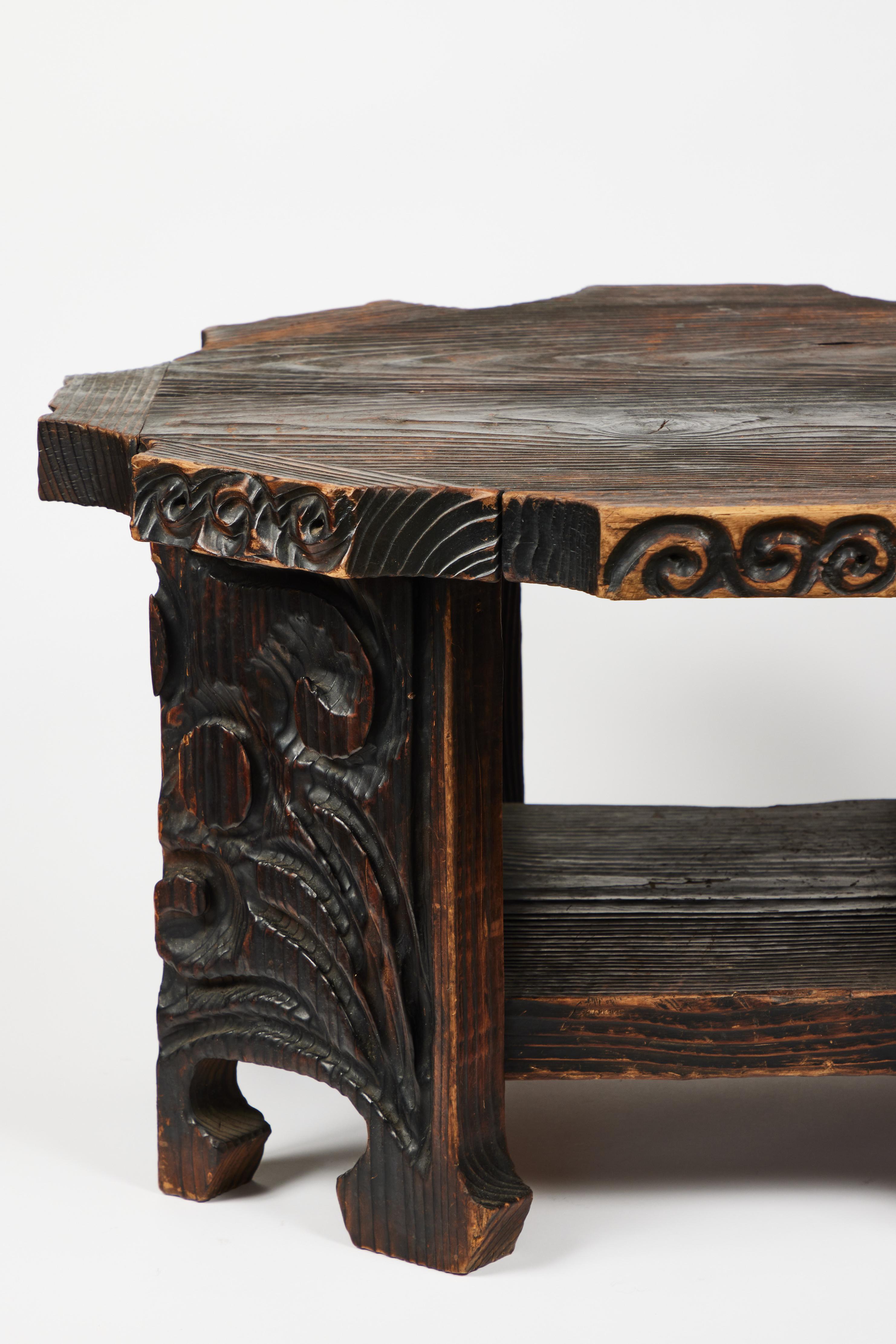 Hand-Carved Vintage Hand Carved Rustic Wood Small Table