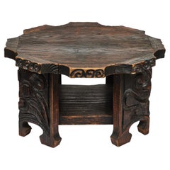 Vintage Hand Carved Rustic Wood Small Table