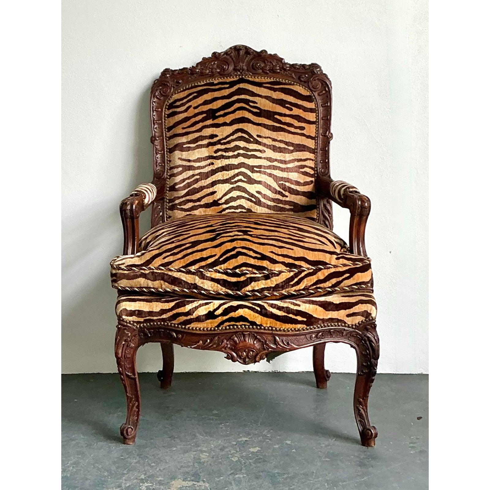 Vintage Hand Carved Scalamandre Fauteuil Chair For Sale at 1stDibs