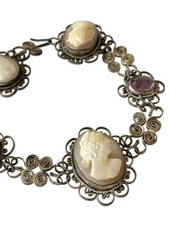 Vintage Hand-Carved Shell Cameo and Amethyst Glass 800 Silver Bracelet, circa 19