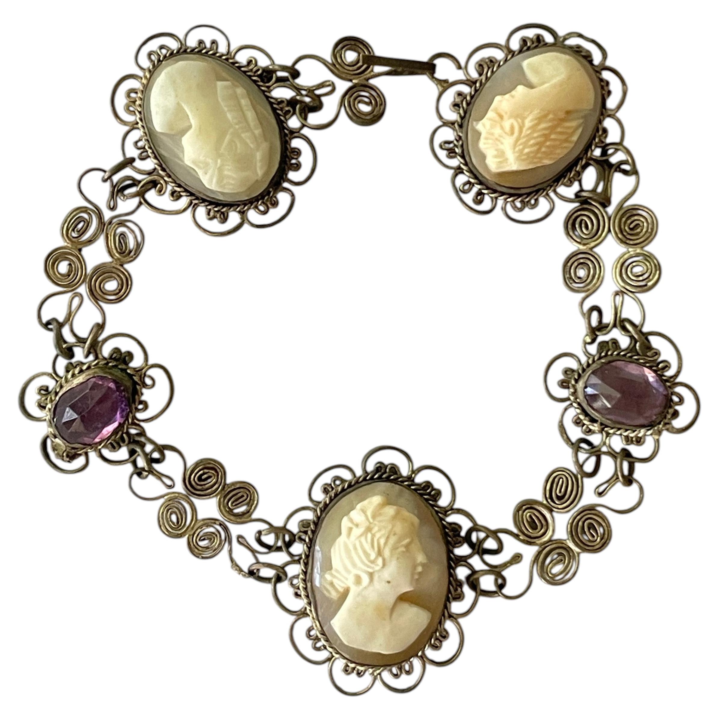 Vintage Hand-Carved Shell Cameo and Amethyst Glass 800 Silver Bracelet 1930