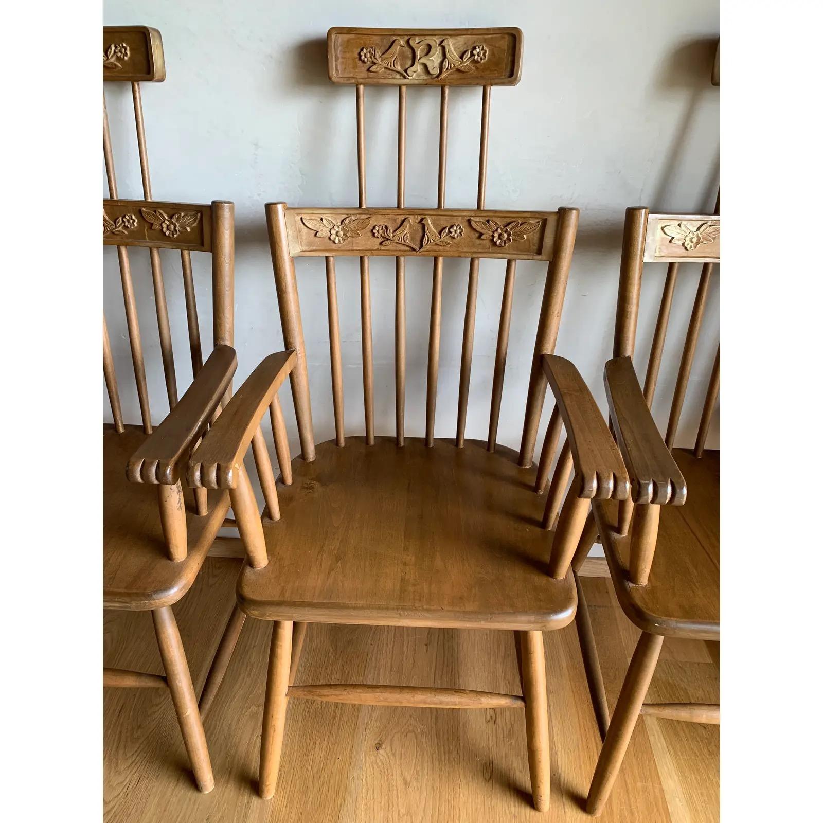 Vintage Hand Carved Spindle Birdcage Cage Back Chairs Flowers Birds-set of 6 In Good Condition For Sale In El Cajon, CA
