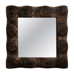 Vintage Hand-Carved Spiral Motif Wood Wall Mirror, Mid 20th Century