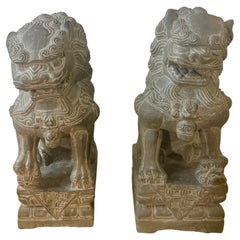 Vintage Hand Carved Stone Foo Dogs Guardian Lions, Pair, Asian Garden Sculptures