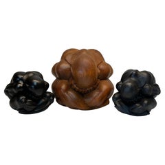 Vintage Hand-Carved Suar Wood Weeping Buddha Sculptures - Set of 3