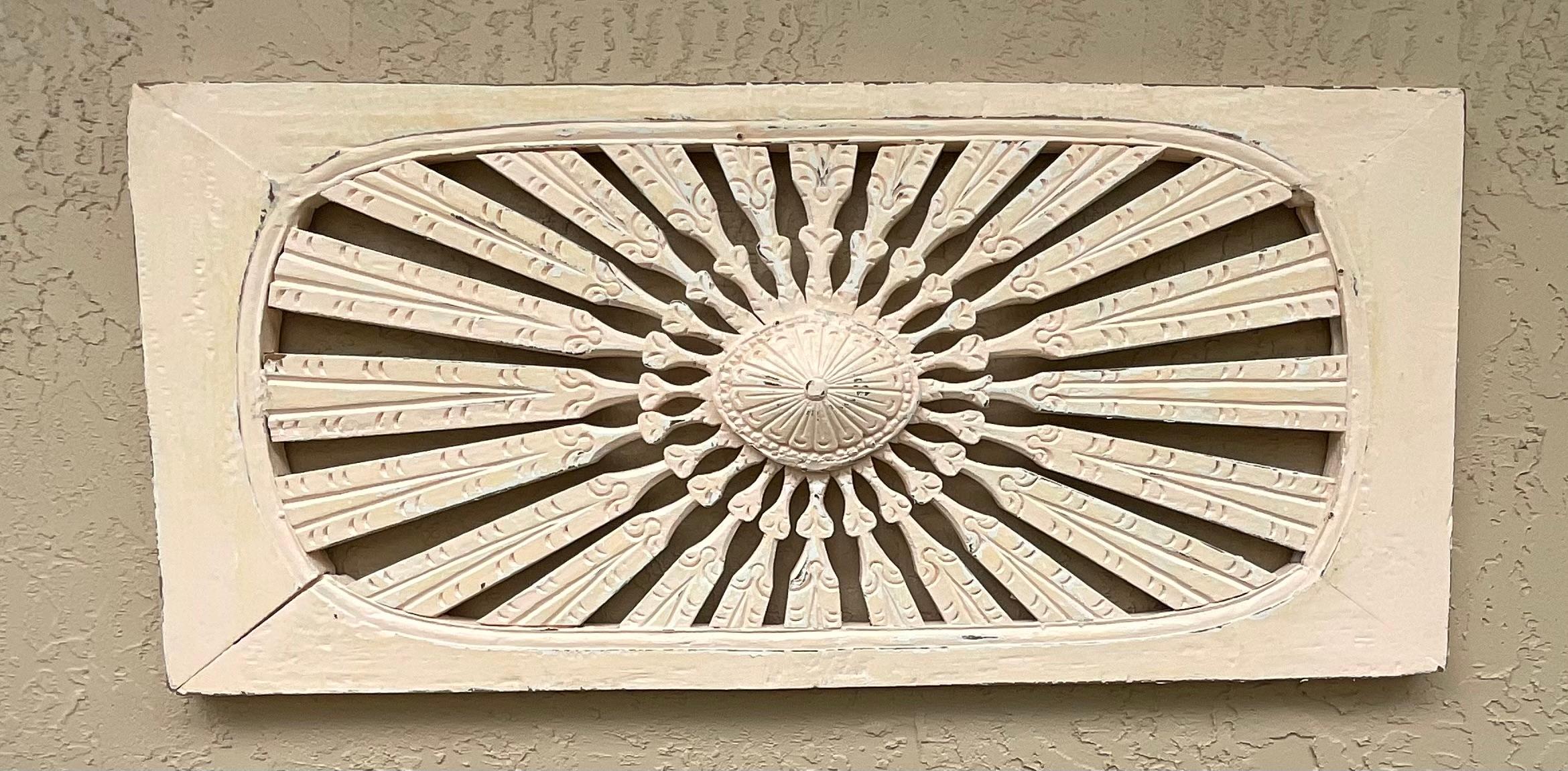 Vintage Hand Carved Sun Burst Architectural Wood Wall Hanging For Sale 4