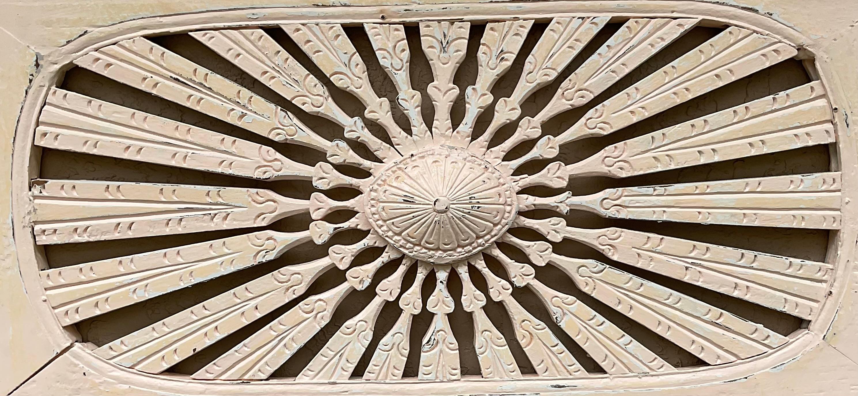 Thai Vintage Hand Carved Sun Burst Architectural Wood Wall Hanging For Sale