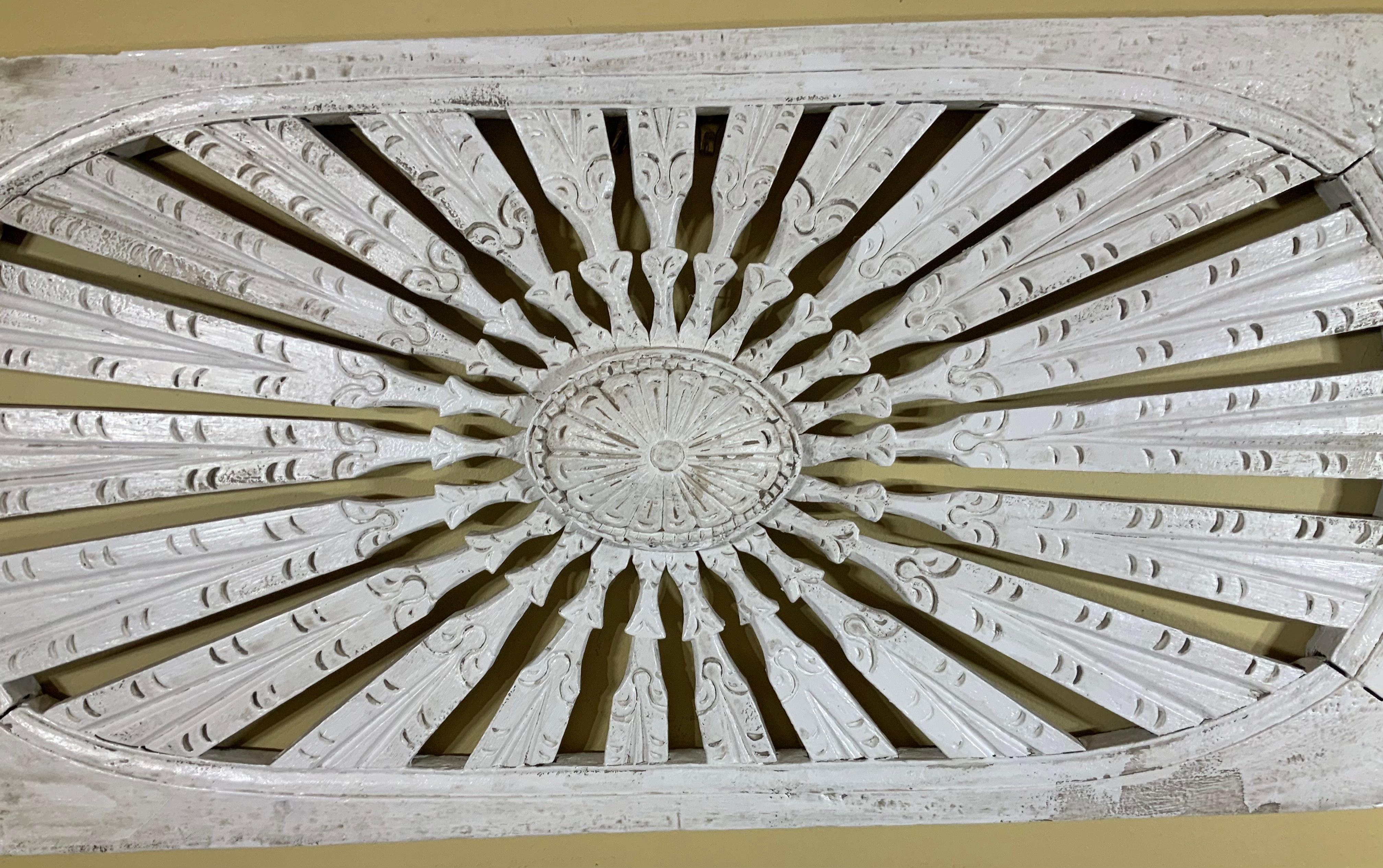 Hand-Carved Vintage Hand Carved Sun Burst Architectural Wood Wall Hanging For Sale
