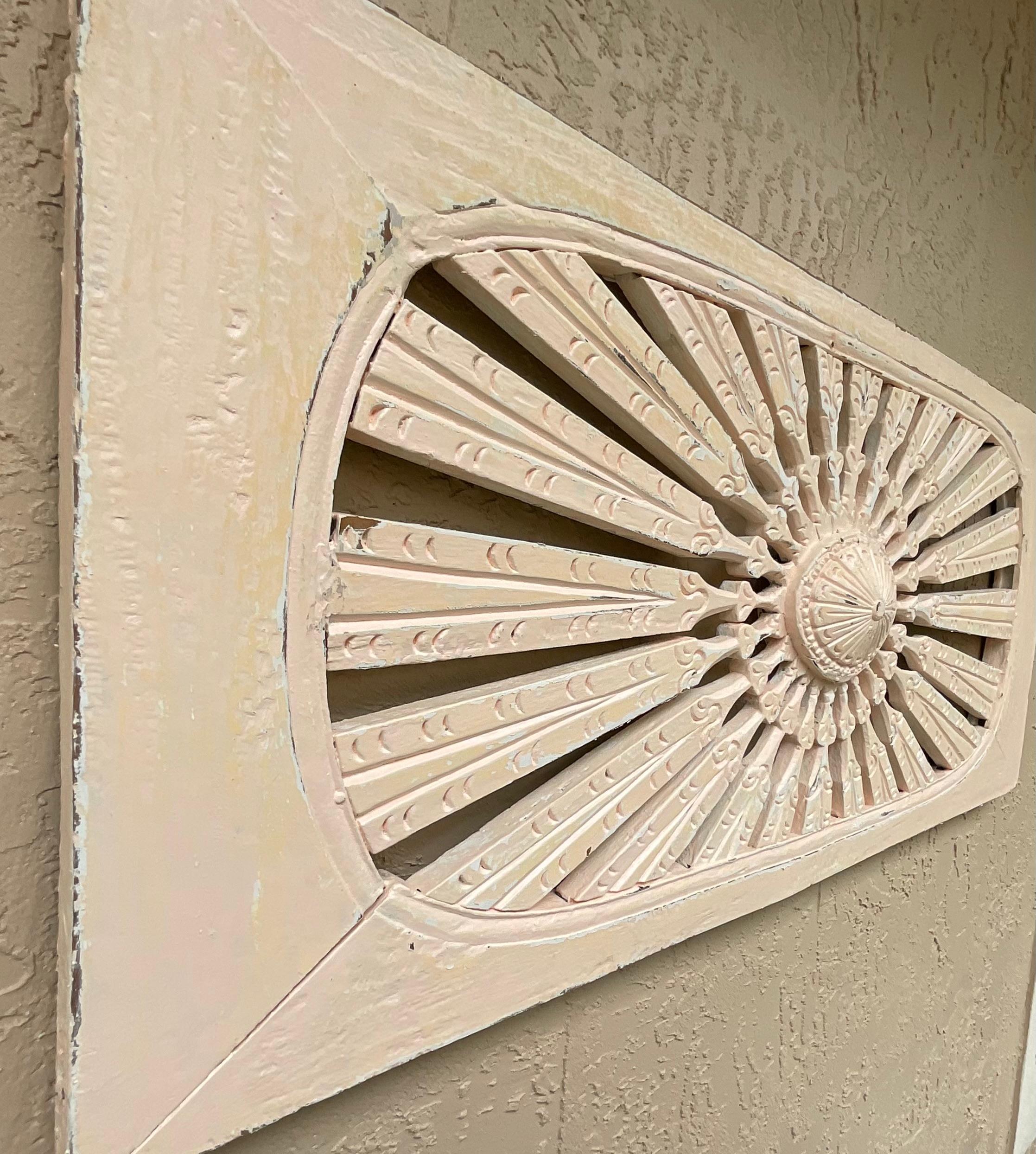 Vintage Hand Carved Sun Burst Architectural Wood Wall Hanging In Good Condition For Sale In Delray Beach, FL