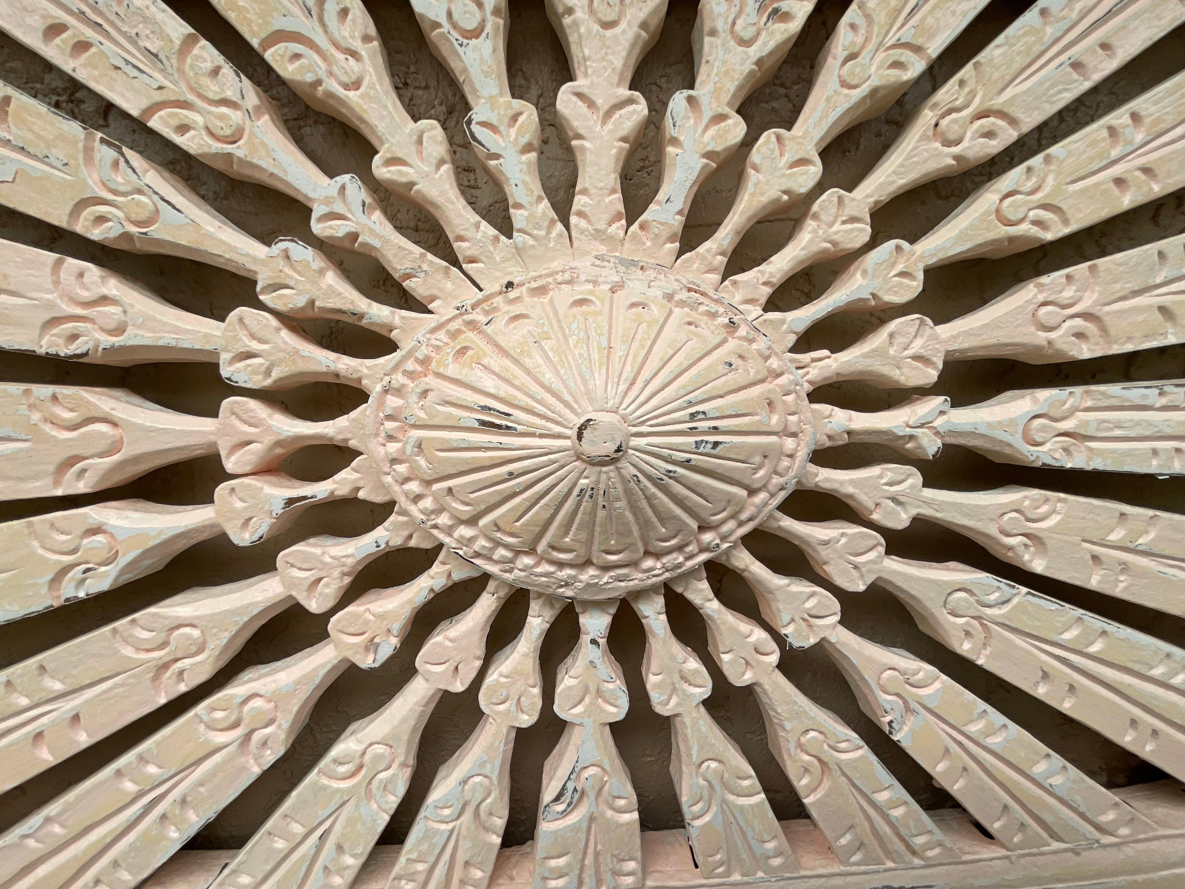 Mid-20th Century Vintage Hand Carved Sun Burst Architectural Wood Wall Hanging For Sale