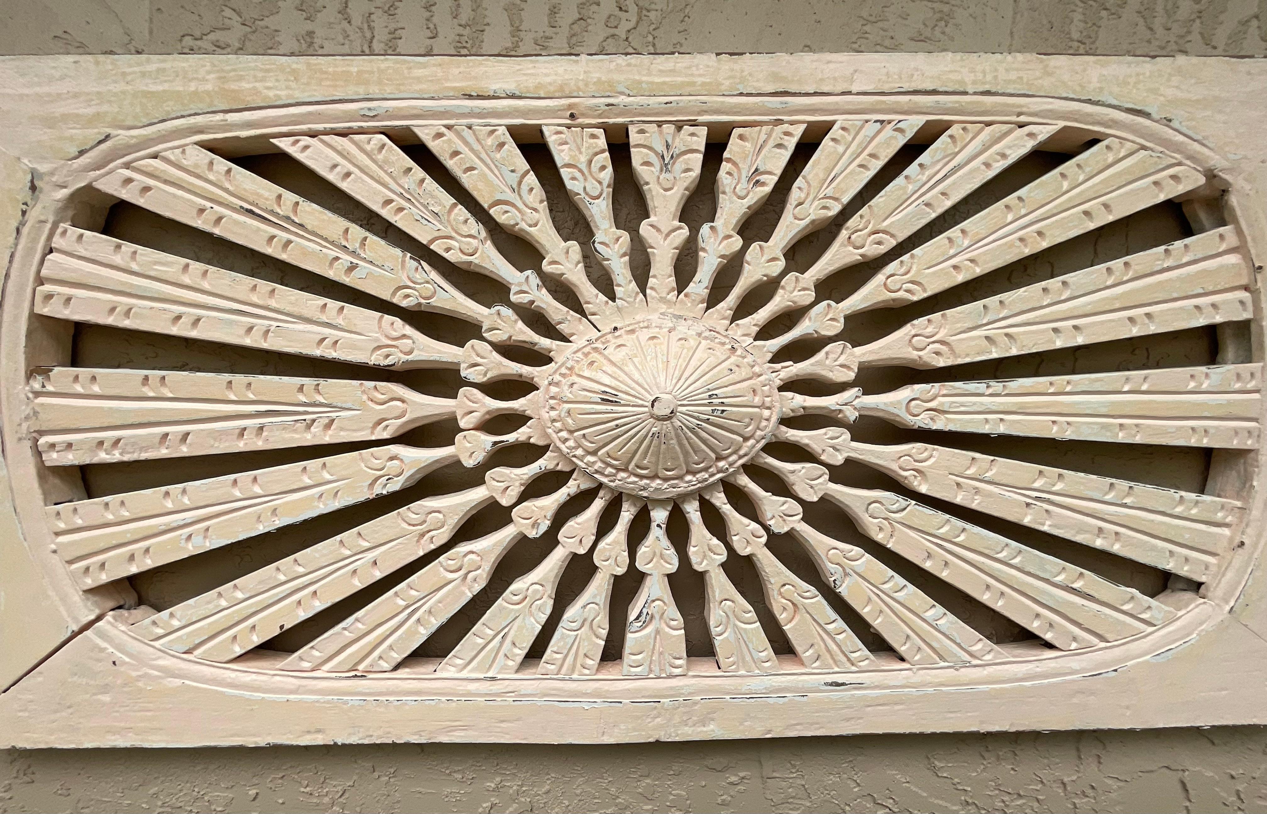 Vintage Hand Carved Sun Burst Architectural Wood Wall Hanging For Sale 3