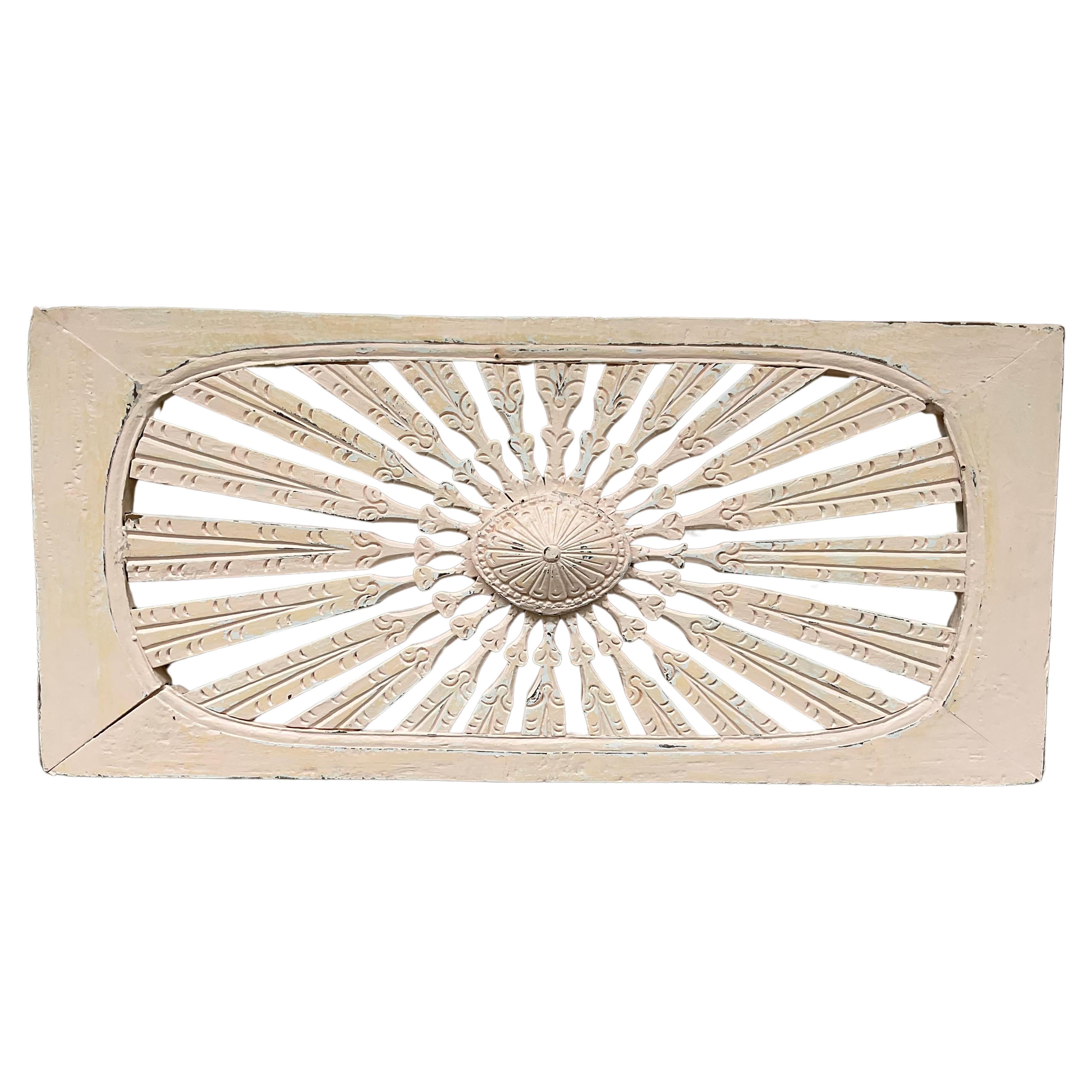Vintage Hand Carved Sun Burst Architectural Wood Wall Hanging For Sale
