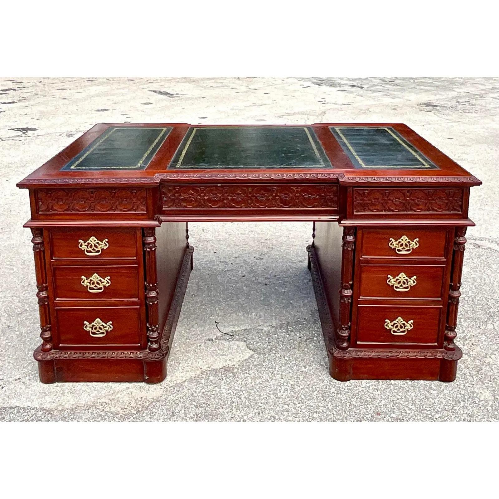 20th Century Vintage Hand Carved Swag Executive Desk