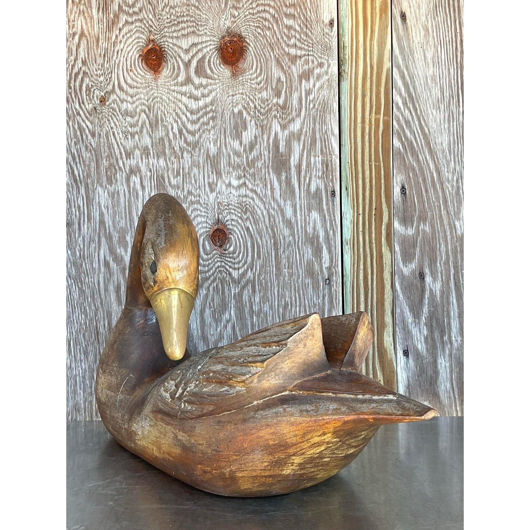 American Vintage Hand Carved Swan With Brass Detail For Sale