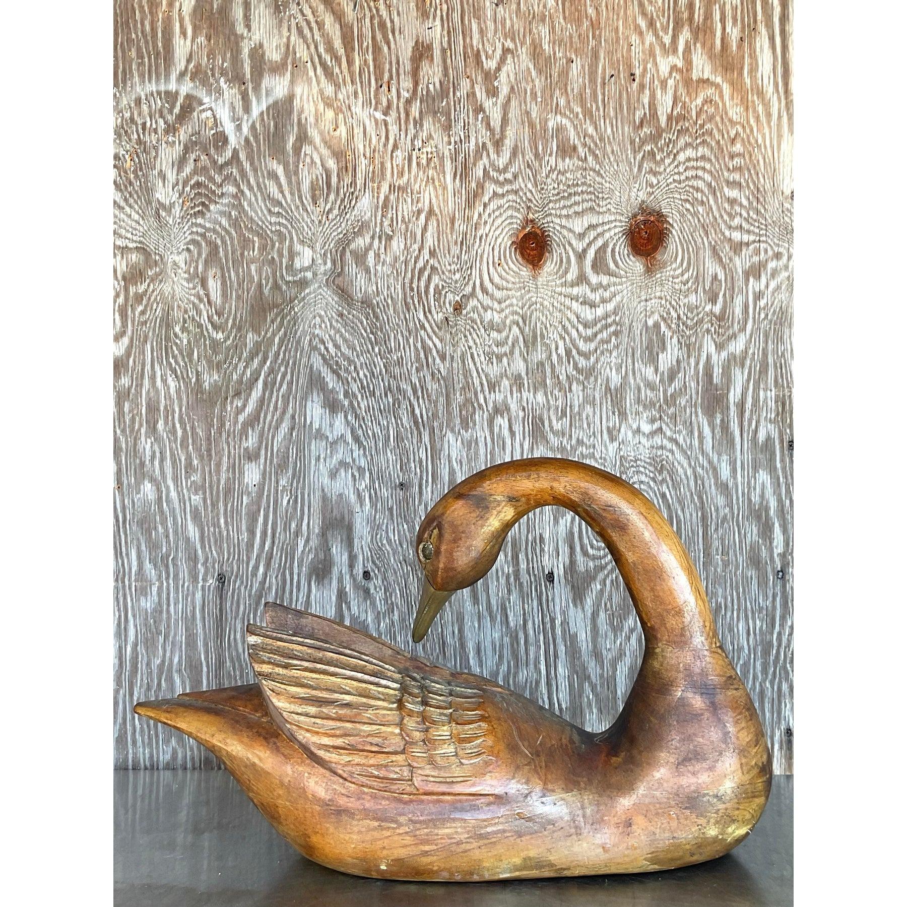 Vintage Hand Carved Swan With Brass Detail In Good Condition For Sale In west palm beach, FL