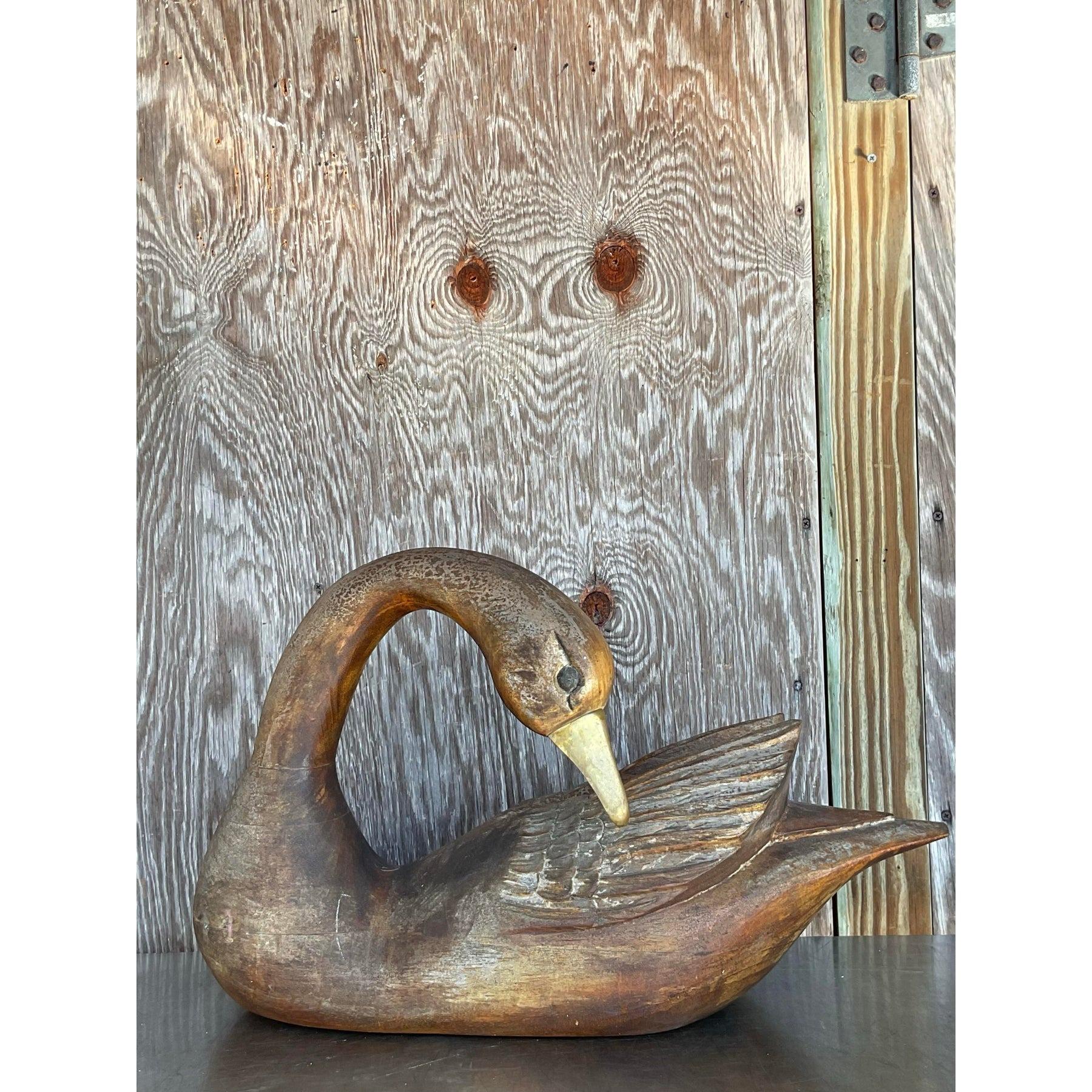 20th Century Vintage Hand Carved Swan With Brass Detail For Sale