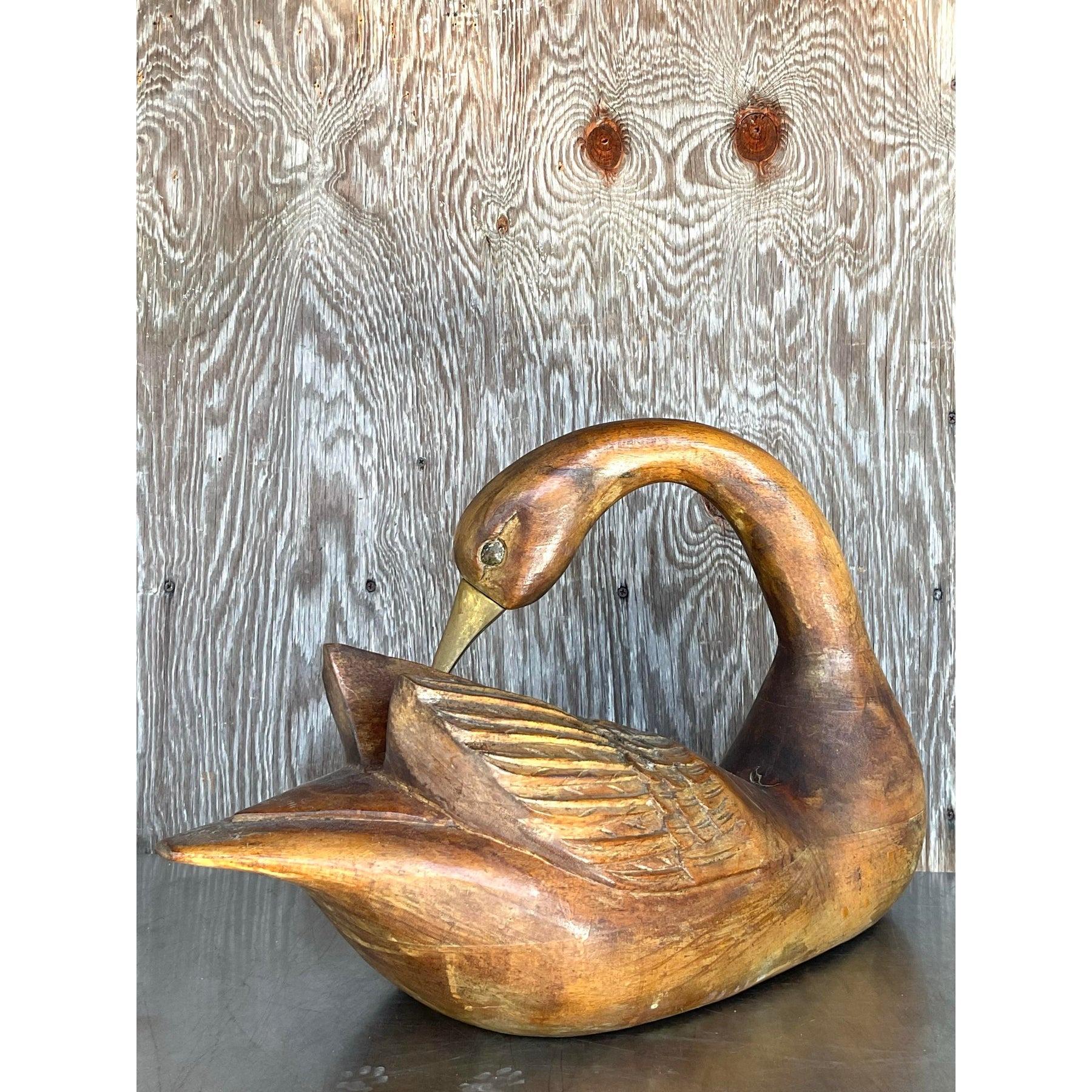 Vintage Hand Carved Swan With Brass Detail For Sale 1