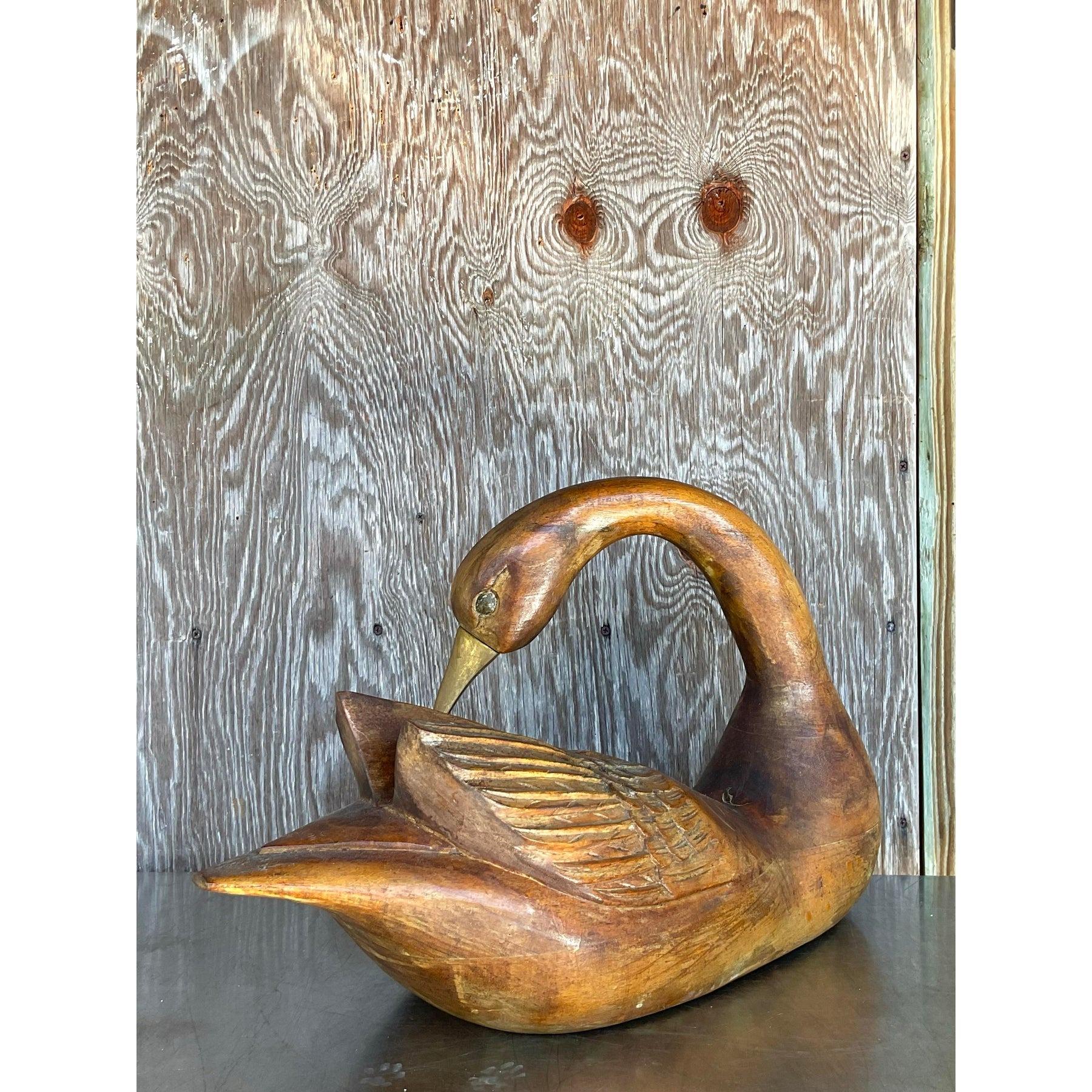 Vintage Hand Carved Swan With Brass Detail For Sale 2