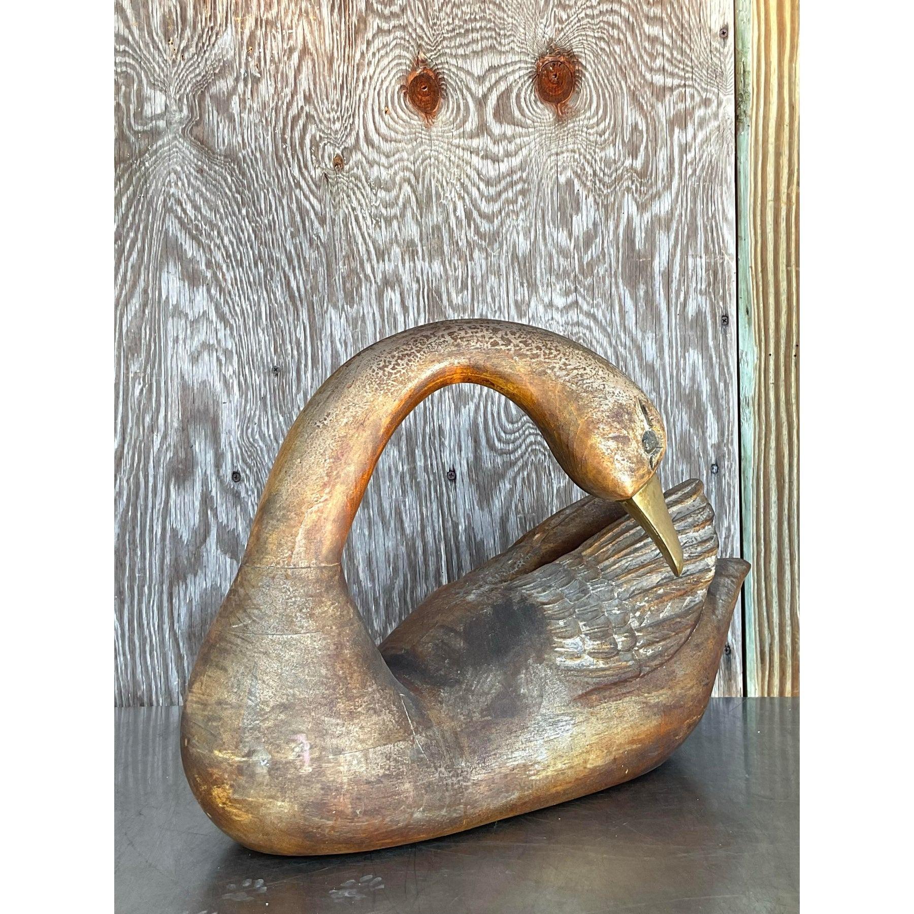 Vintage Hand Carved Swan With Brass Detail For Sale 3