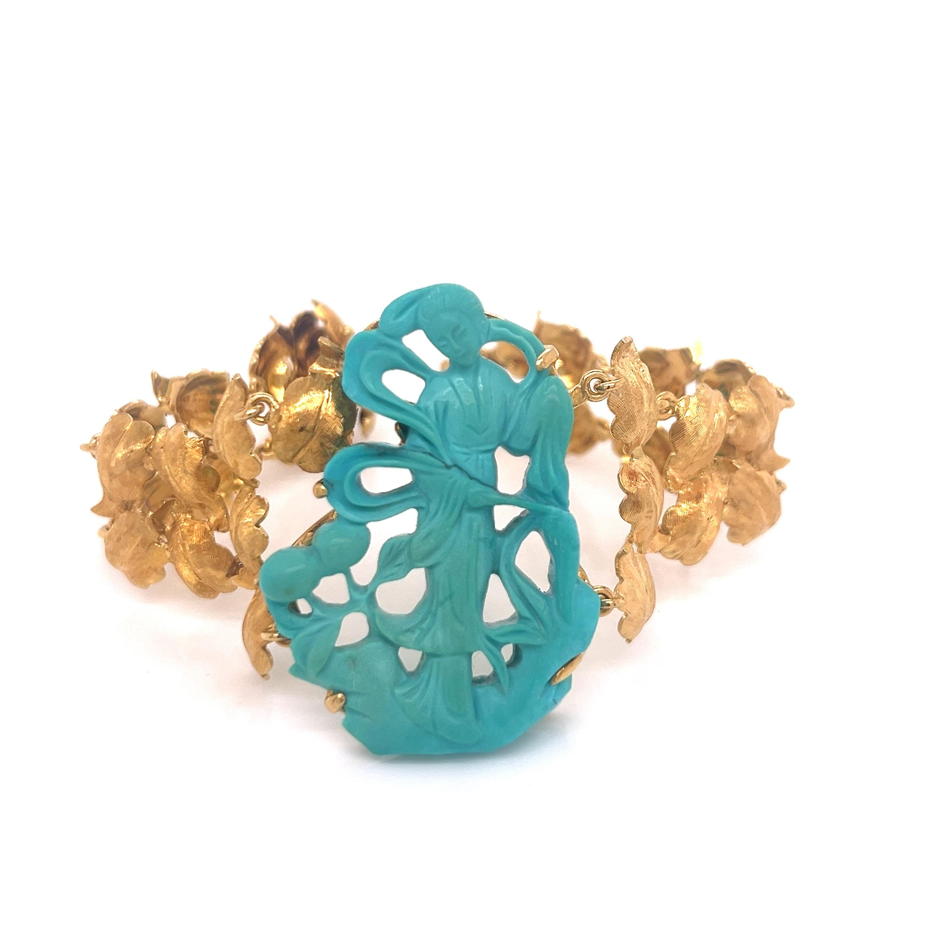 Portrait Cut Vintage Hand-Carved Turquoise and 18K Gold Art Bracelet For Sale