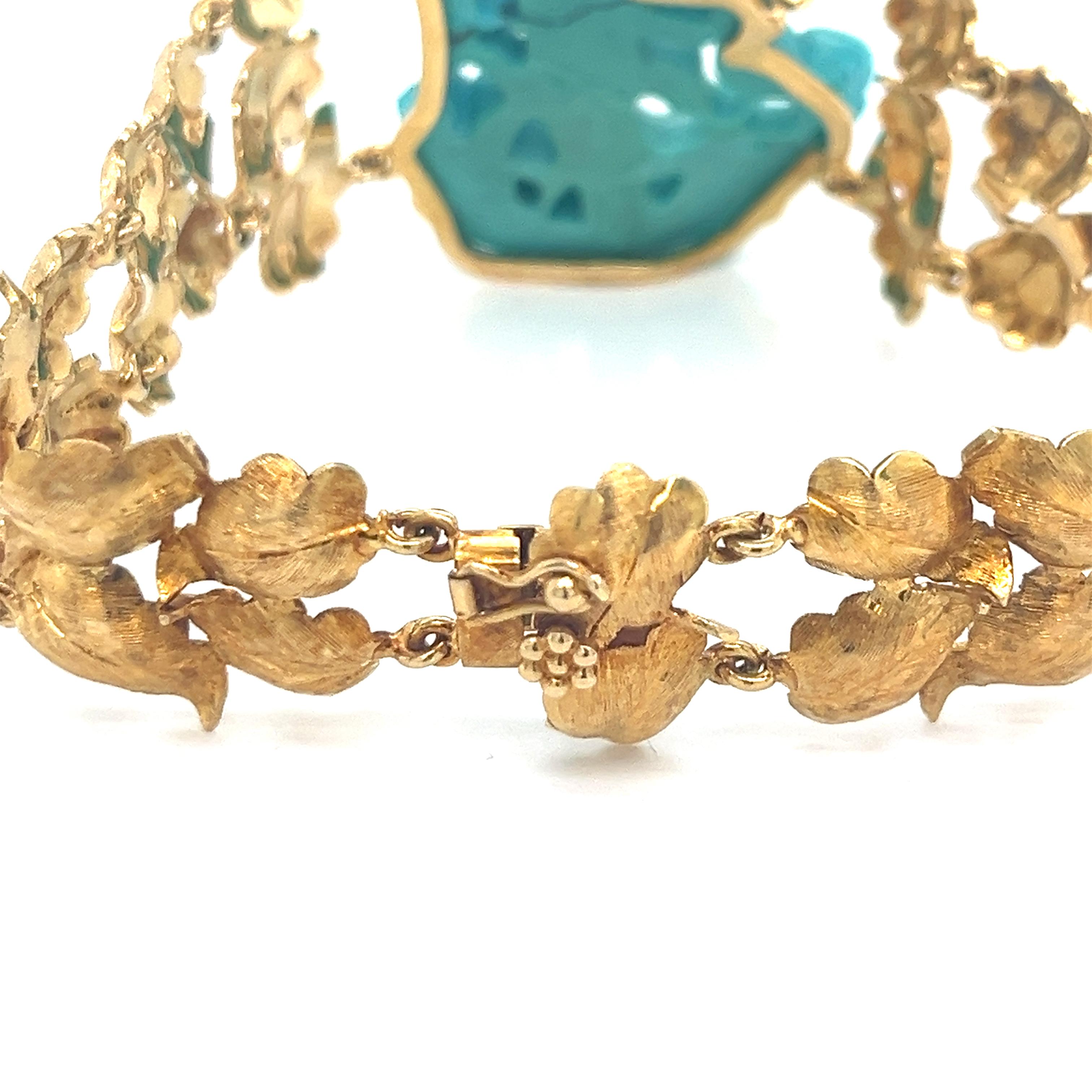 Vintage Hand-Carved Turquoise and 18K Gold Art Bracelet In Fair Condition For Sale In Boston, MA
