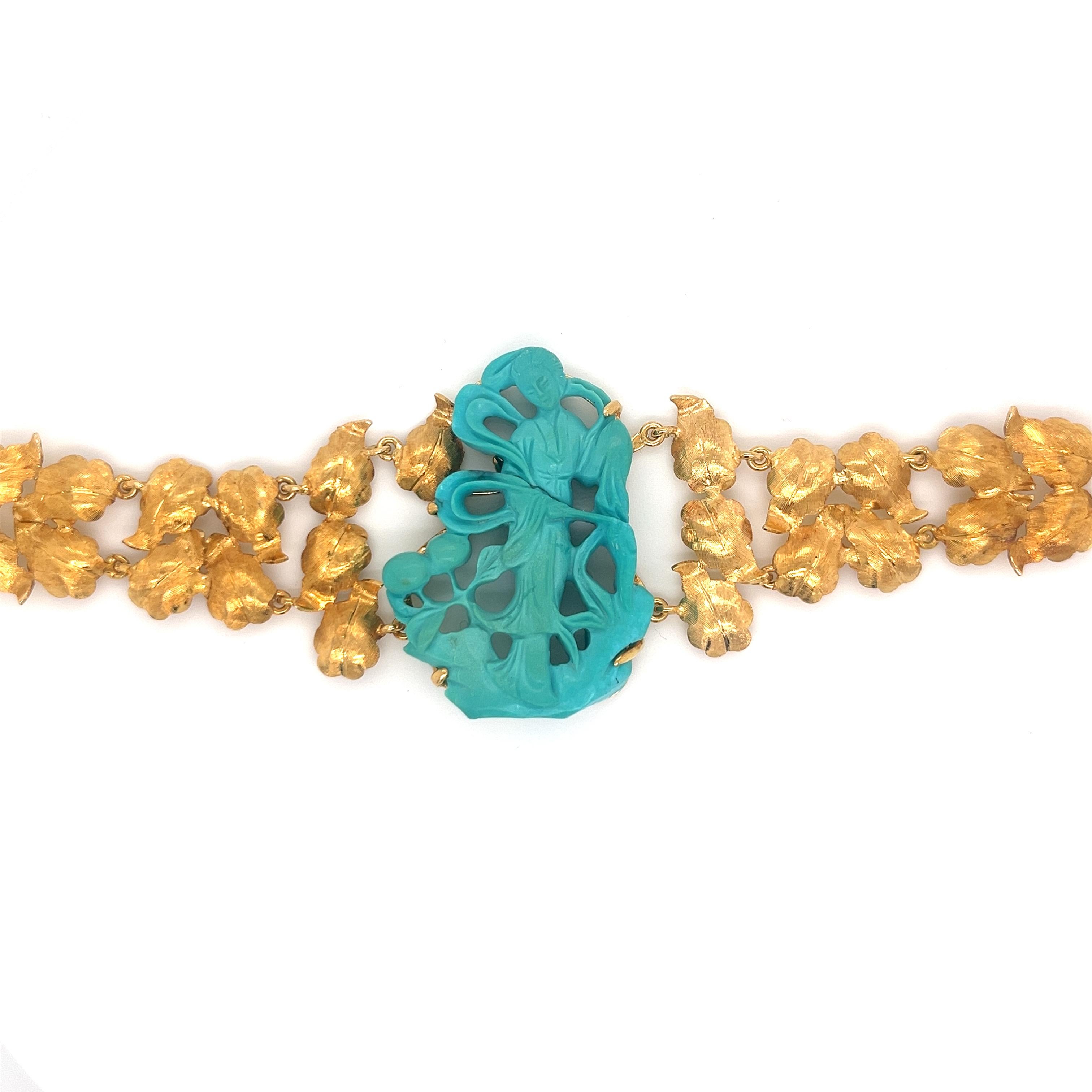 Women's Vintage Hand-Carved Turquoise and 18K Gold Art Bracelet For Sale