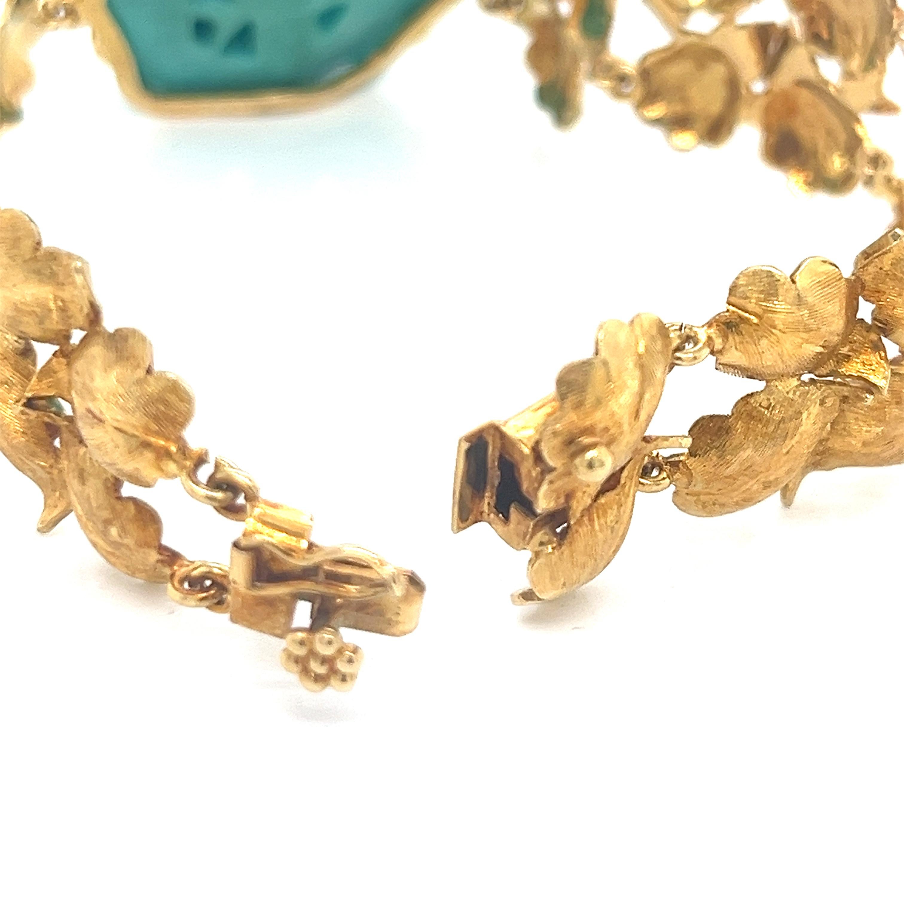 Vintage Hand-Carved Turquoise and 18K Gold Art Bracelet For Sale 1