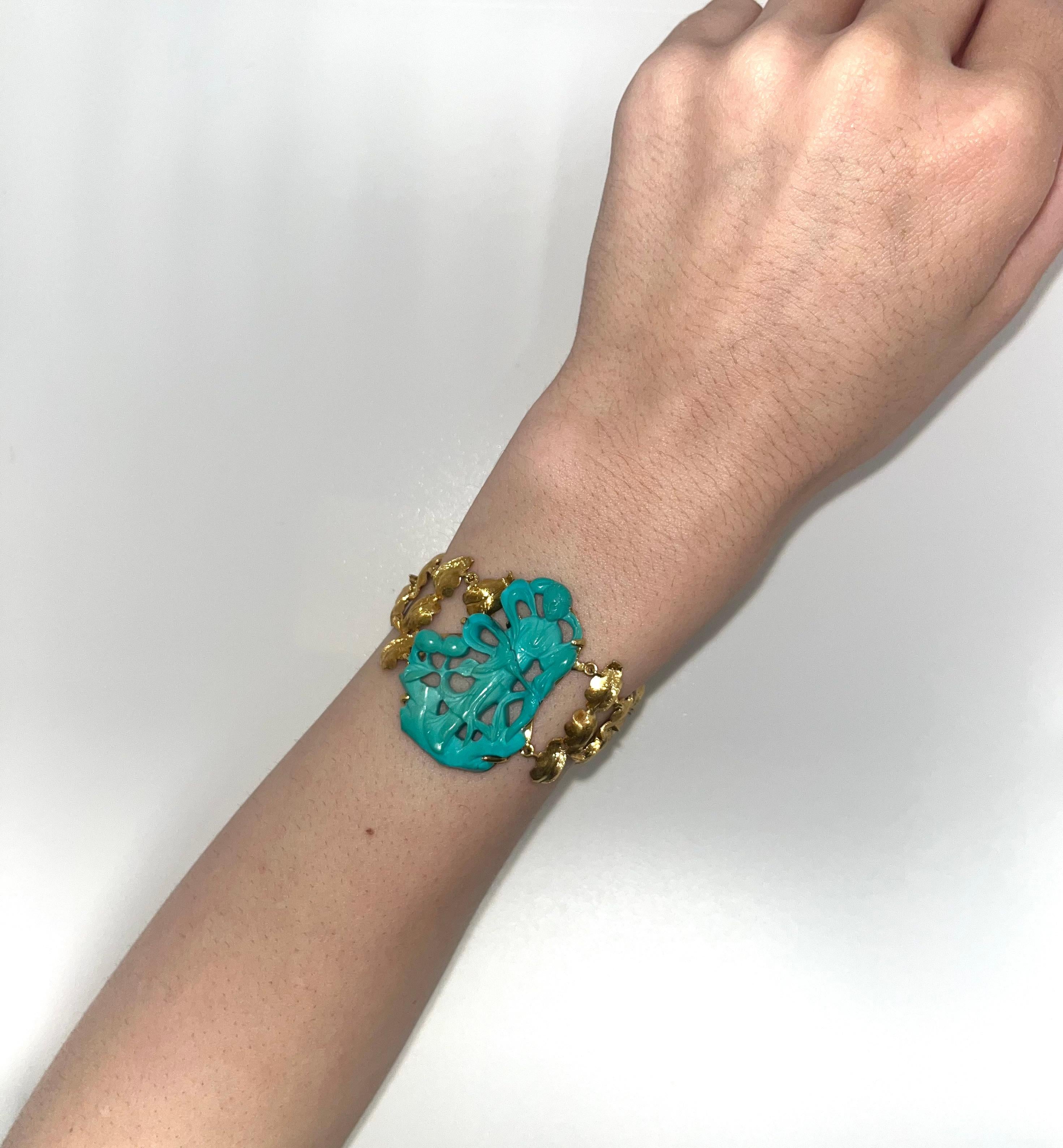 Vintage Hand-Carved Turquoise and 18K Gold Art Bracelet For Sale 2