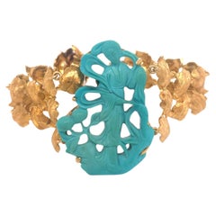 Vintage Hand-Carved Turquoise and 18K Gold Art Bracelet