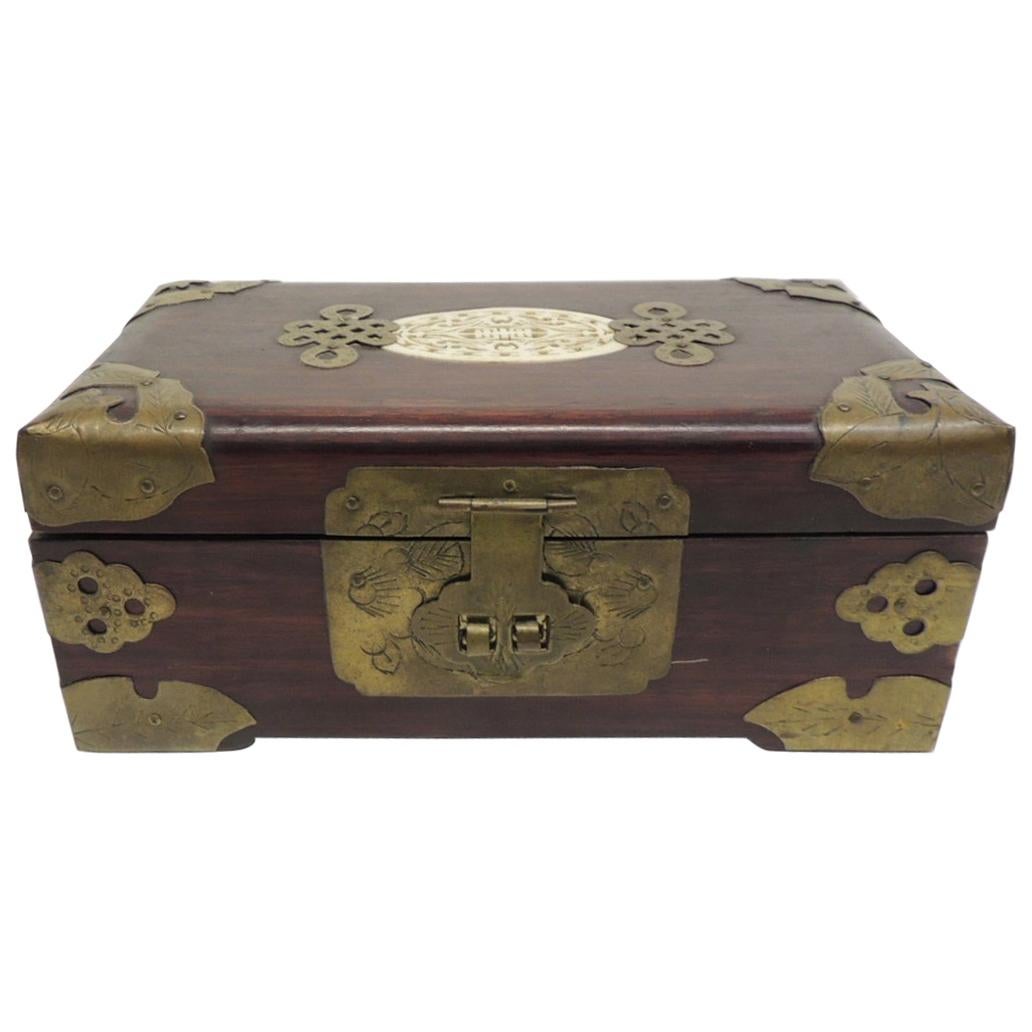 Vintage Hand Carved Wood and Bone Asian Jewelry Box