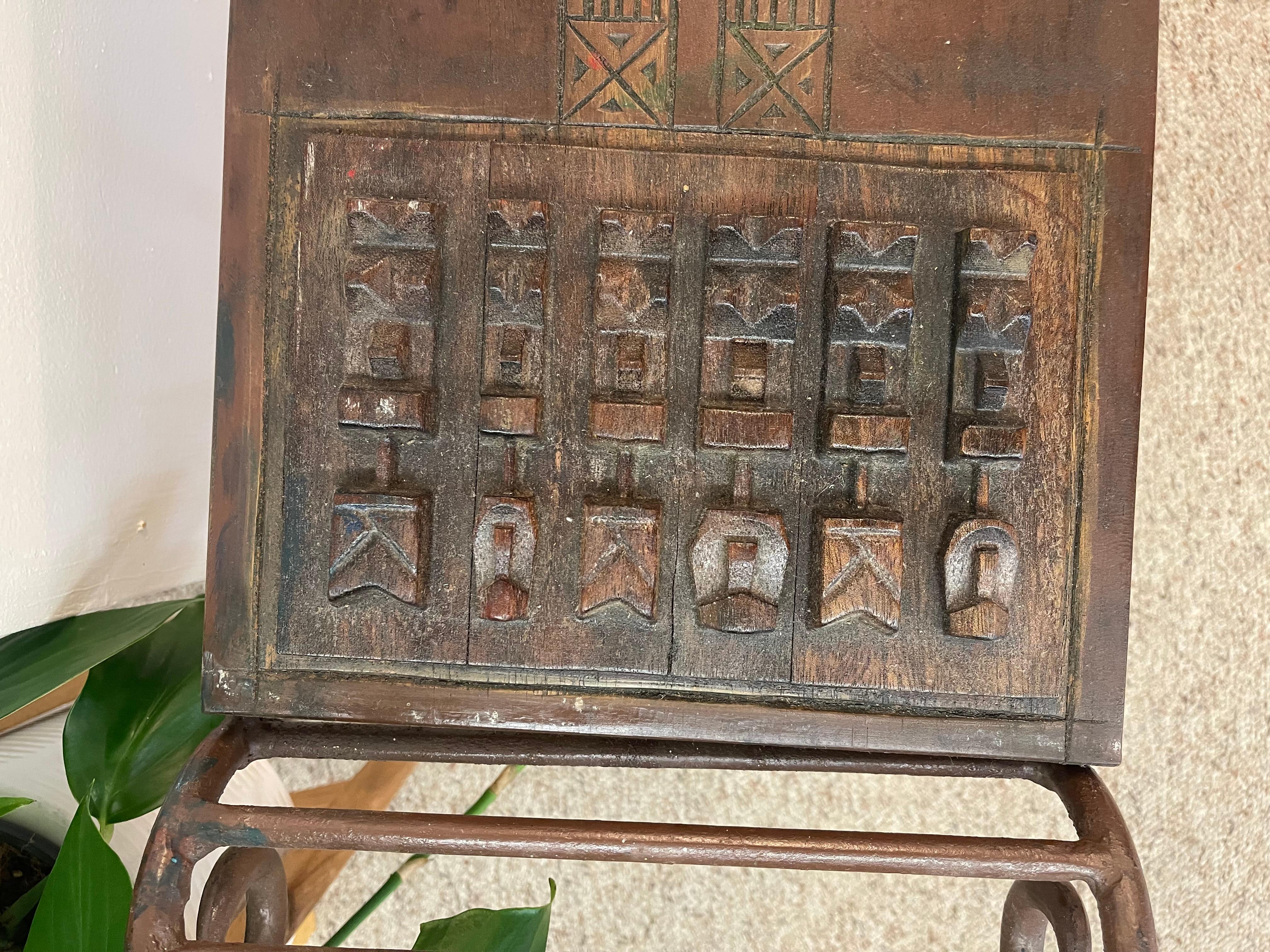 Vintage Hand-Carved Wood and Wrought Iron Console Table with Tribal Motifs For Sale 6