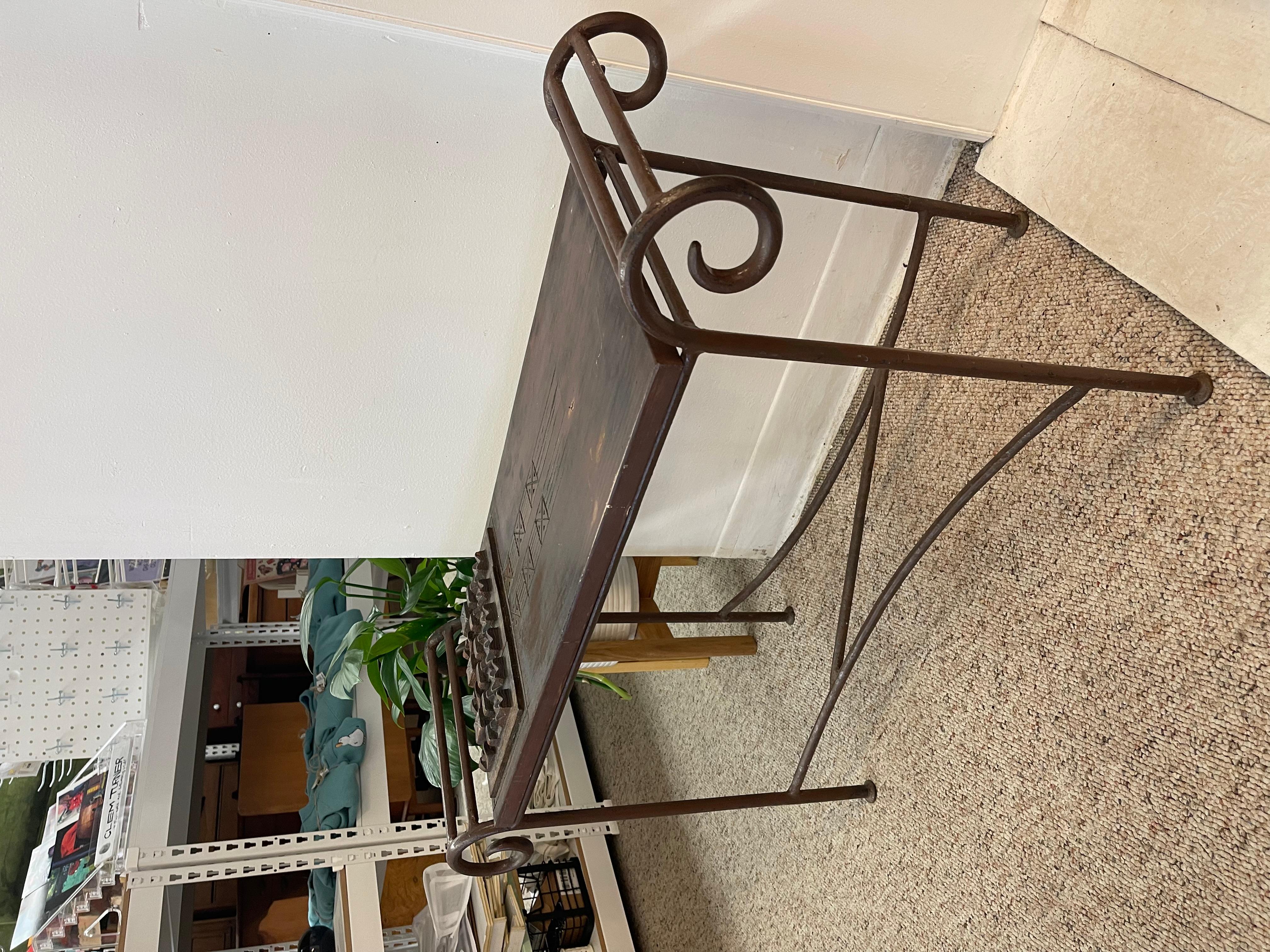Mid-Century Modern Vintage Hand-Carved Wood and Wrought Iron Console Table with Tribal Motifs For Sale