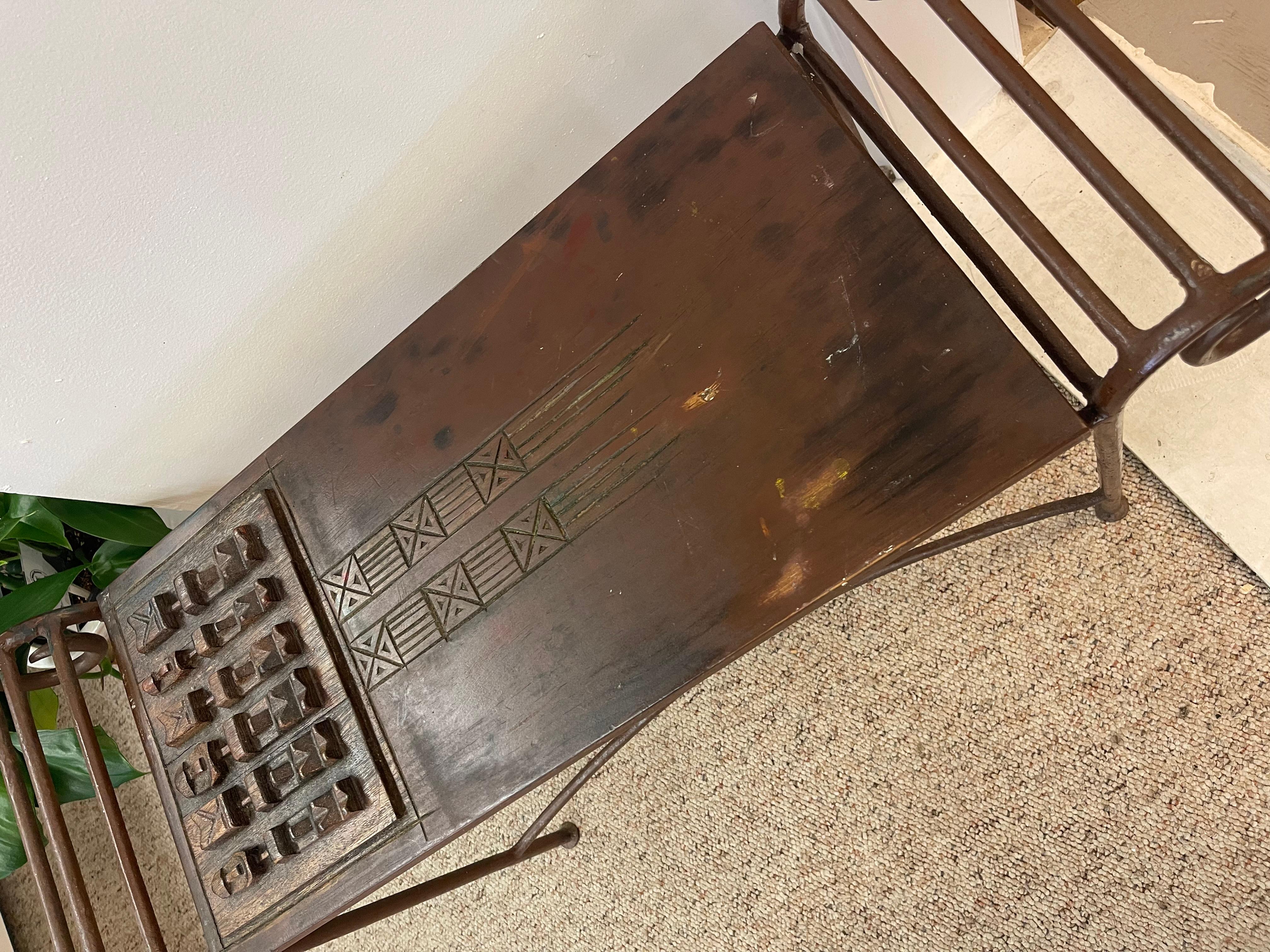 Late 20th Century Vintage Hand-Carved Wood and Wrought Iron Console Table with Tribal Motifs For Sale