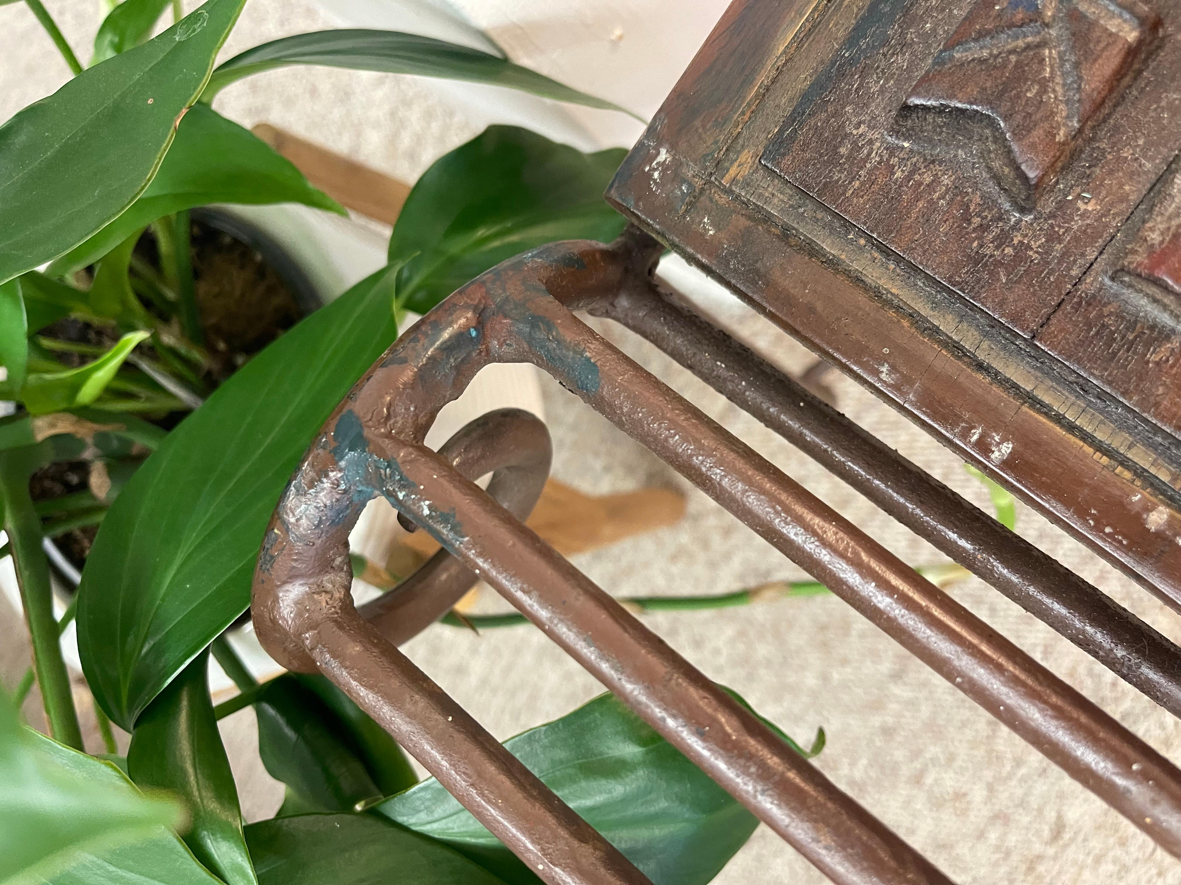 Vintage Hand-Carved Wood and Wrought Iron Console Table with Tribal Motifs For Sale 3