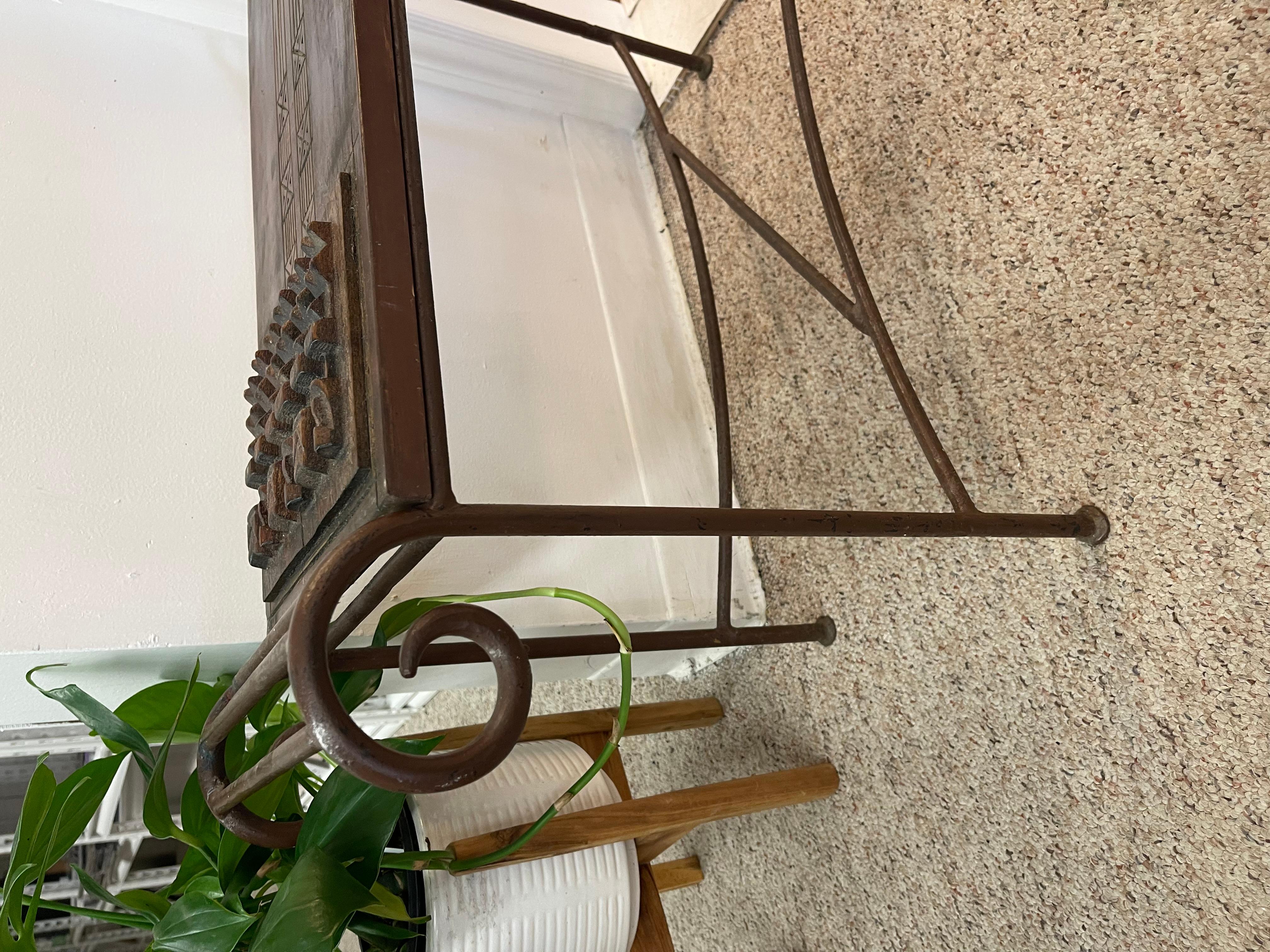 Vintage Hand-Carved Wood and Wrought Iron Console Table with Tribal Motifs For Sale 4