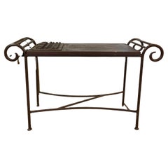 Vintage Hand-Carved Wood and Wrought Iron Console Table with Tribal Motifs