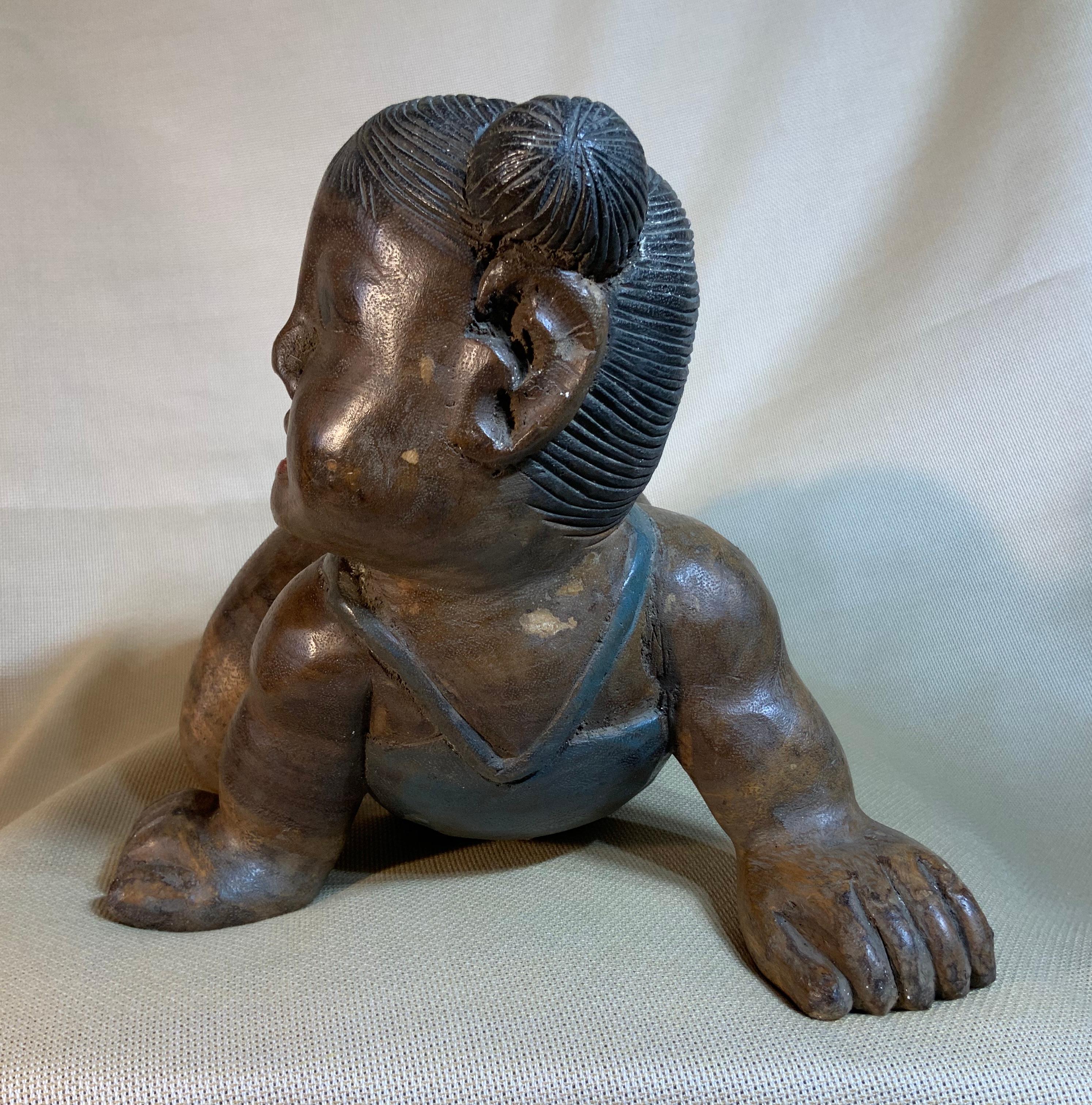Thai Vintage Hand Carved Wood Baby Girl For Sale