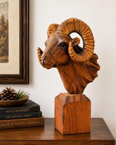 Vintage Hand-Carved Wood Bighorn Ram Bust with Glass Eyes, circa 1960s