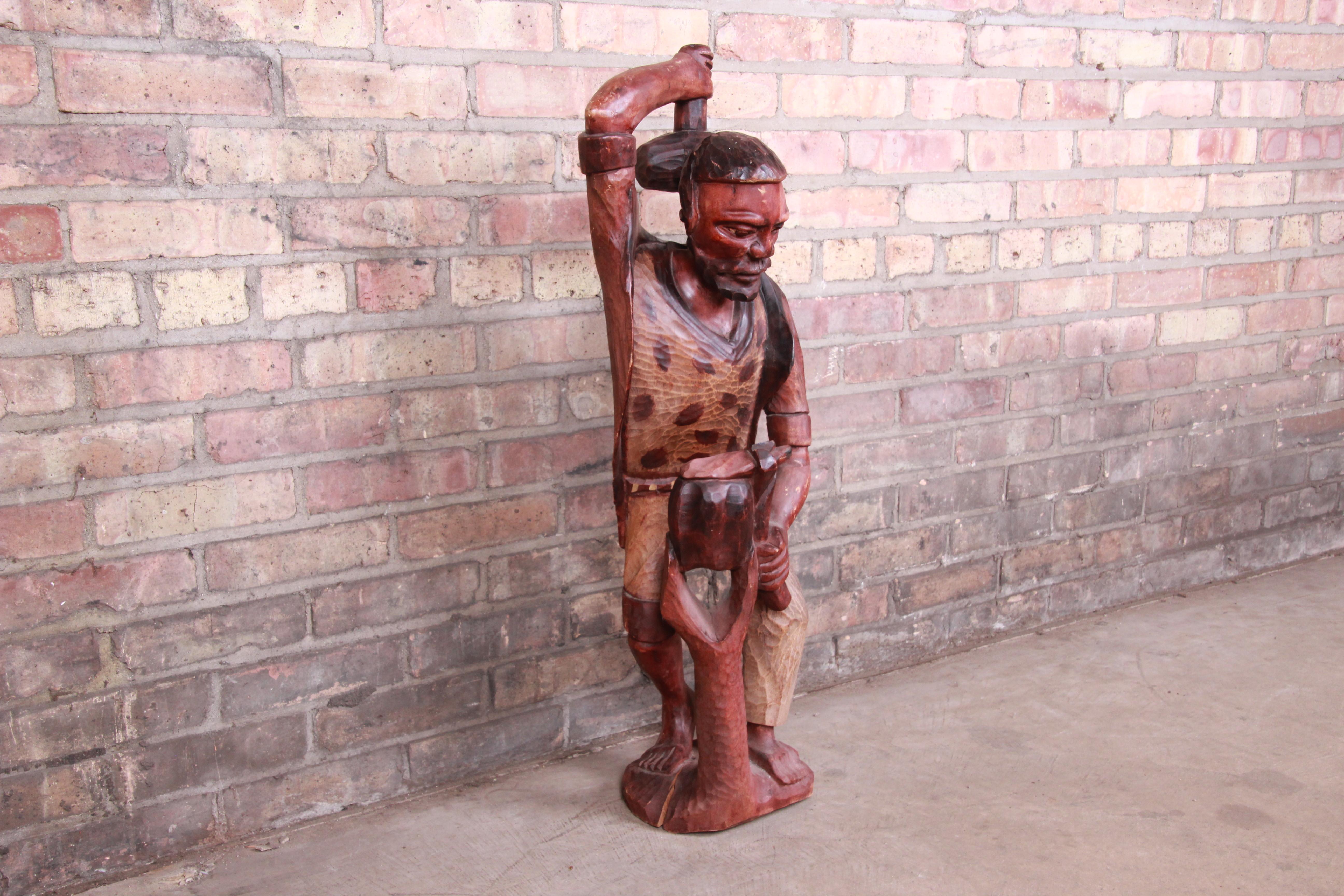 Folk Art Vintage Hand Carved Wood Blacksmith Statue For Sale